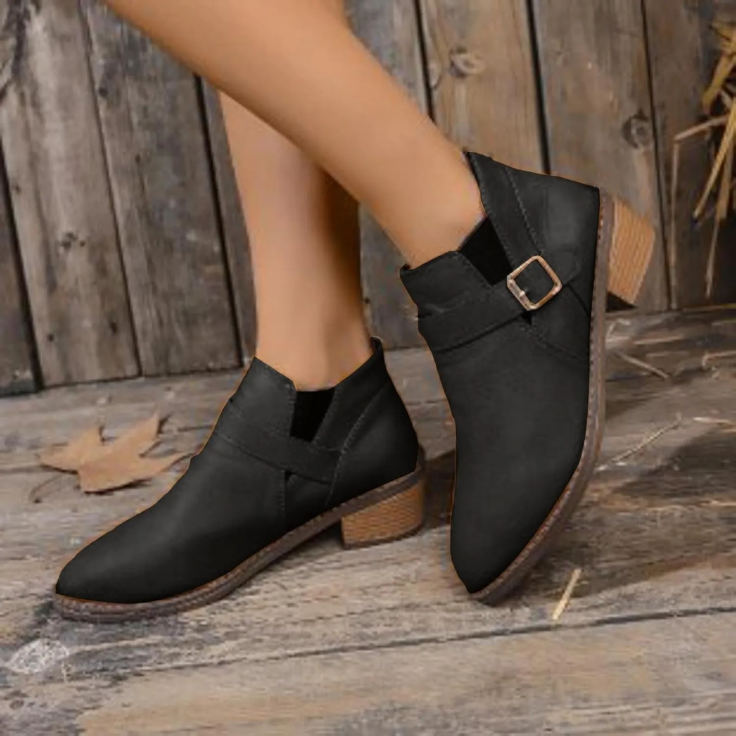 AMDBEL Winter Boots for Women 2024 Ankle Booties Low Chunky Stacked Heel Round Toe Booties Fashion Casual Fall Winter Shoes