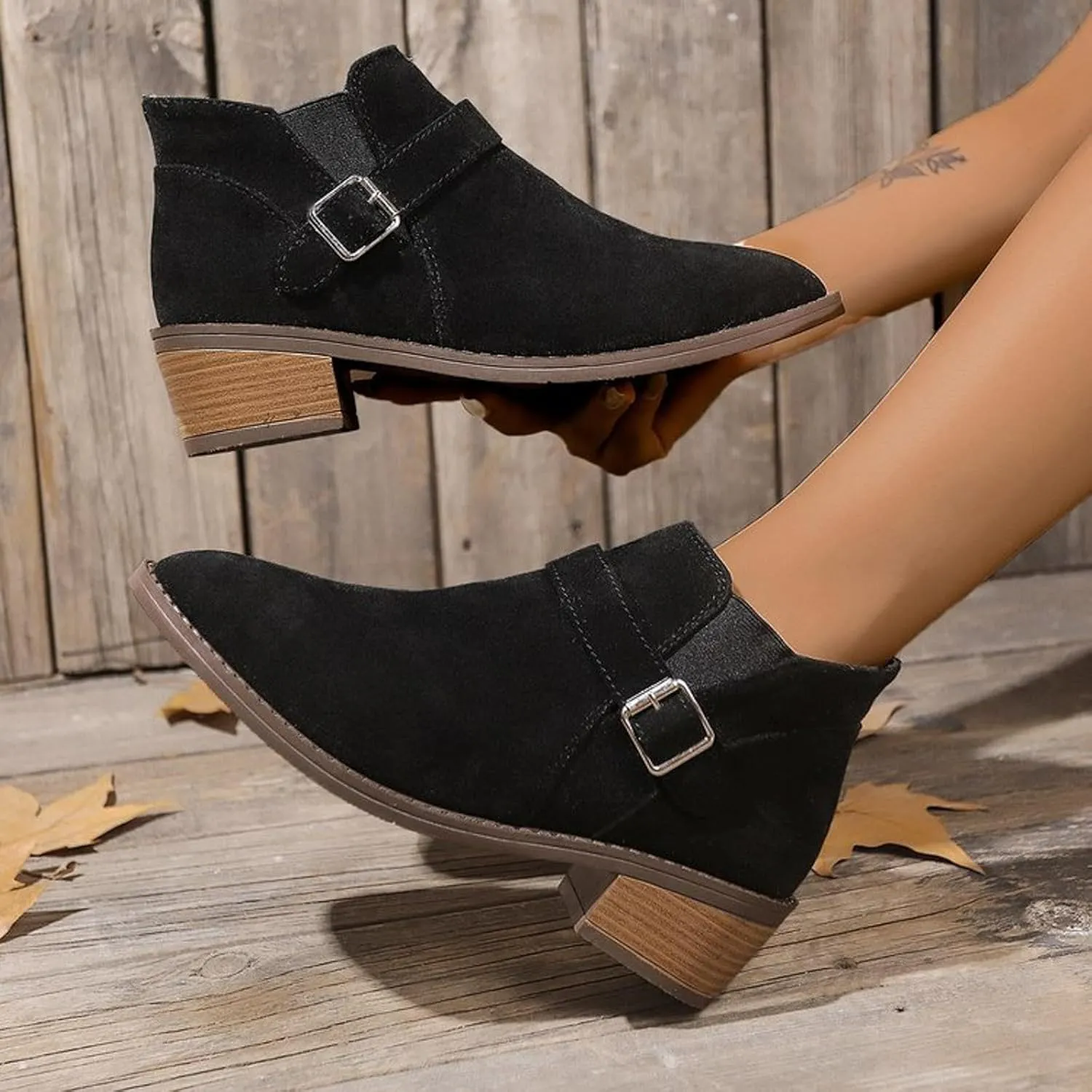 AMDBEL Winter Boots for Women 2024 Ankle Booties Low Chunky Stacked Heel Round Toe Booties Fashion Casual Fall Winter Shoes