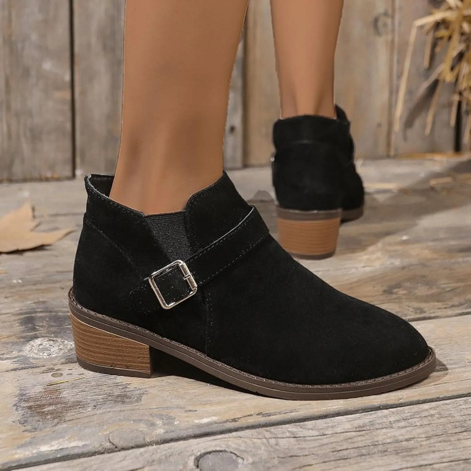 AMDBEL Winter Boots for Women 2024 Ankle Booties Low Chunky Stacked Heel Round Toe Booties Fashion Casual Fall Winter Shoes