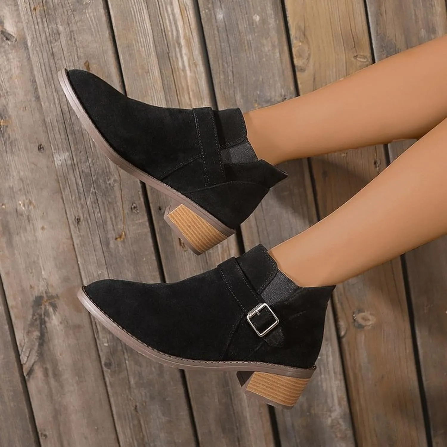 AMDBEL Winter Boots for Women 2024 Ankle Booties Low Chunky Stacked Heel Round Toe Booties Fashion Casual Fall Winter Shoes