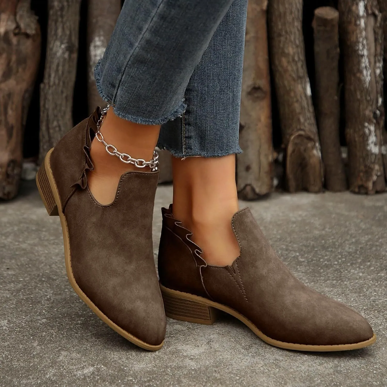 AMDBEL Winter Boots for Women 2024 Ankle Booties Low Heel Short Boots V Cut Chelsea Boots Pointd Toe Fall Winter Dressy Shoes