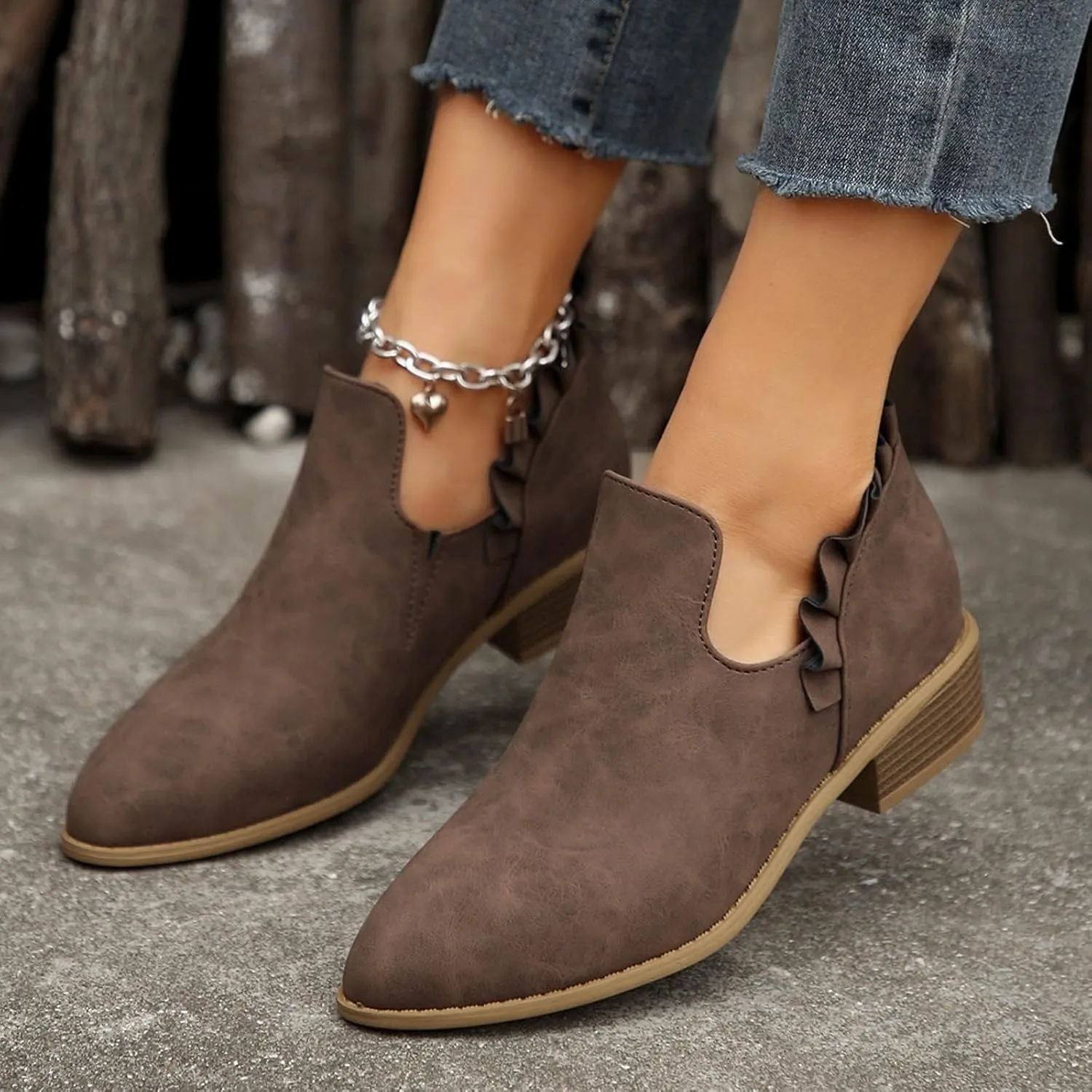 AMDBEL Winter Boots for Women 2024 Ankle Booties Low Heel Short Boots V Cut Chelsea Boots Pointd Toe Fall Winter Dressy Shoes
