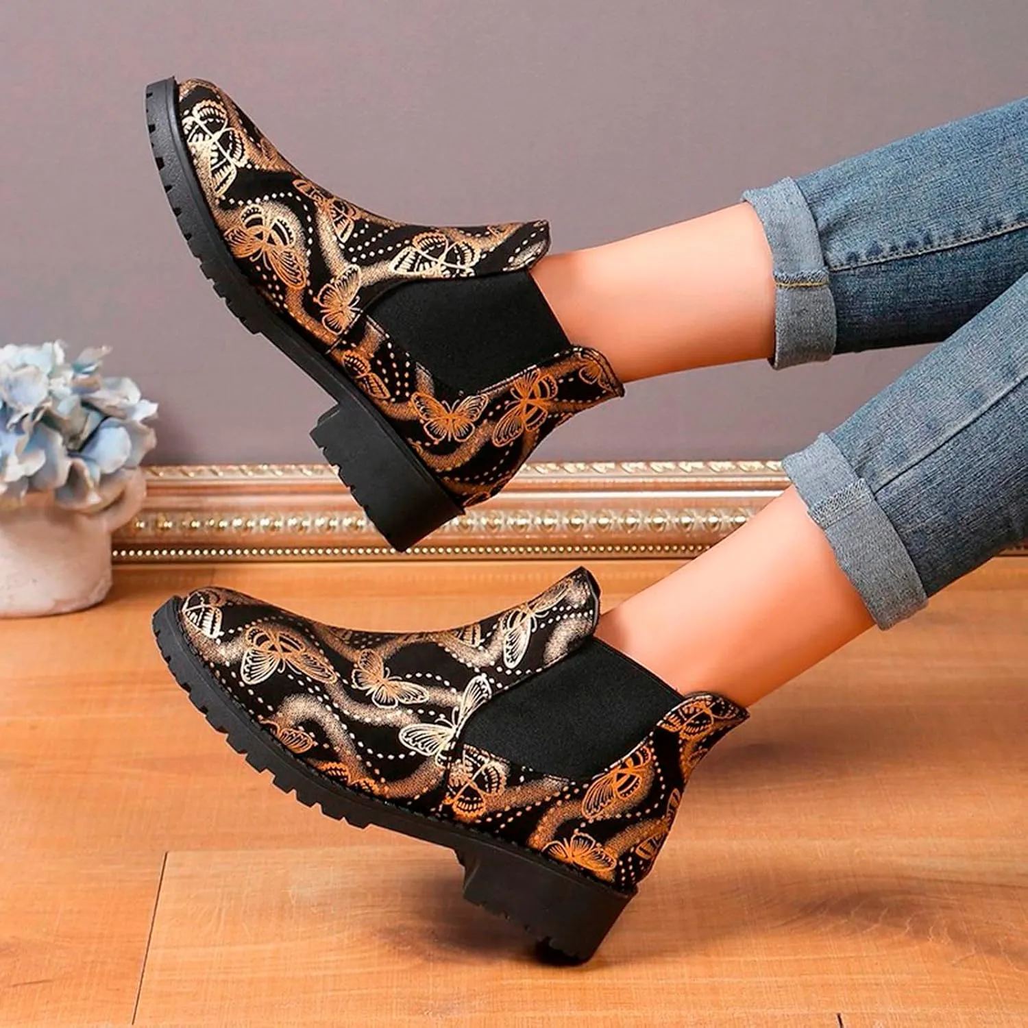 AMDBEL Winter Boots for Women 2024 Ankle Boots Low Heel Flat Short Boots Fashion Winter Chelsea Booties Shoes