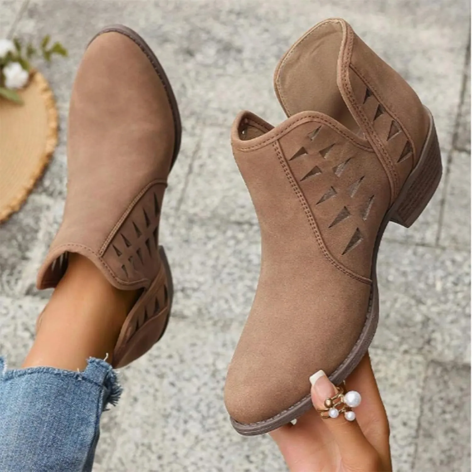 AMDBEL Winter Boots for Women 2024 Ankle Boots Low Heel Round Toe Hollow Out Boots Casual Ladies Walking Booties