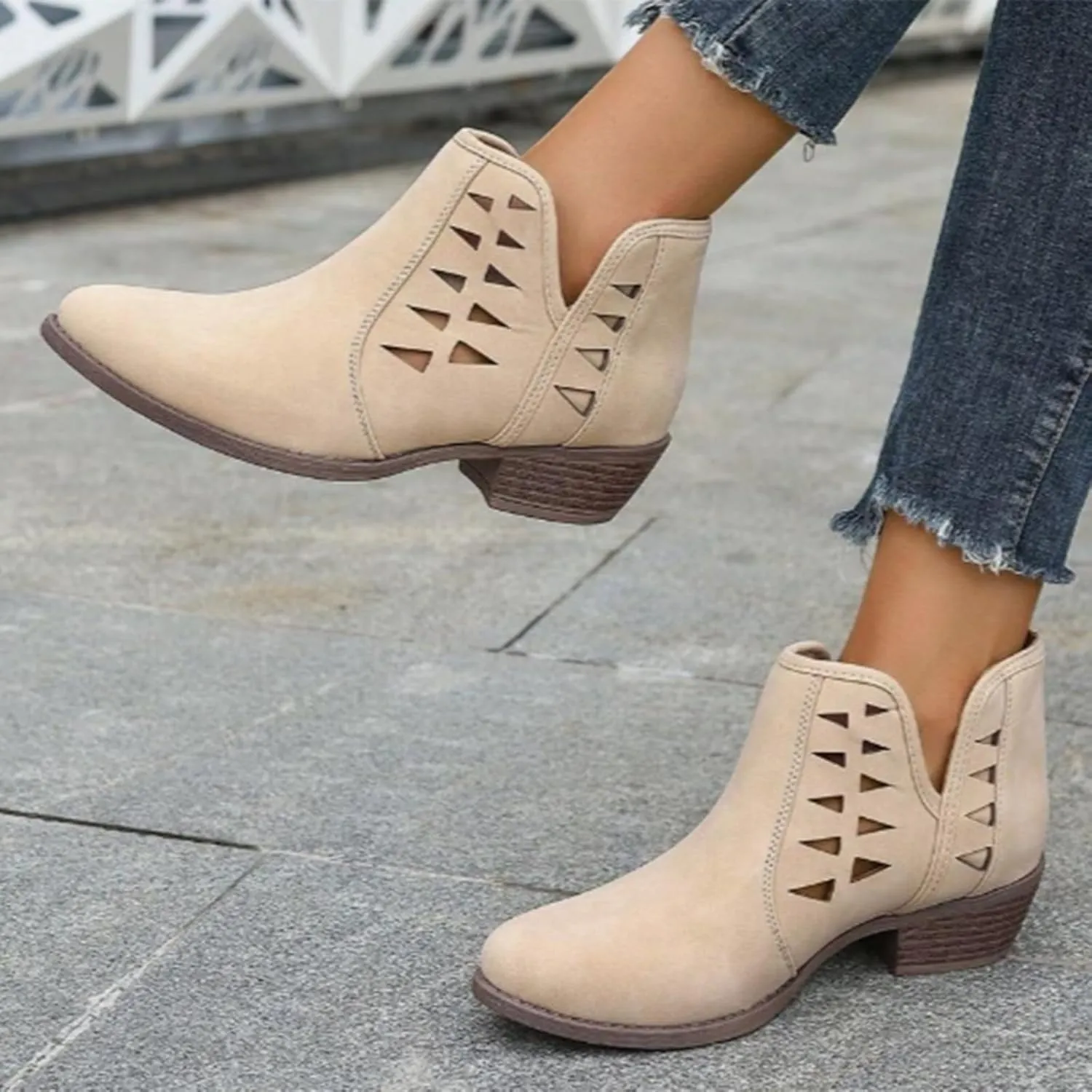 AMDBEL Winter Boots for Women 2024 Ankle Boots Low Heel Round Toe Hollow Out Boots Casual Ladies Walking Booties