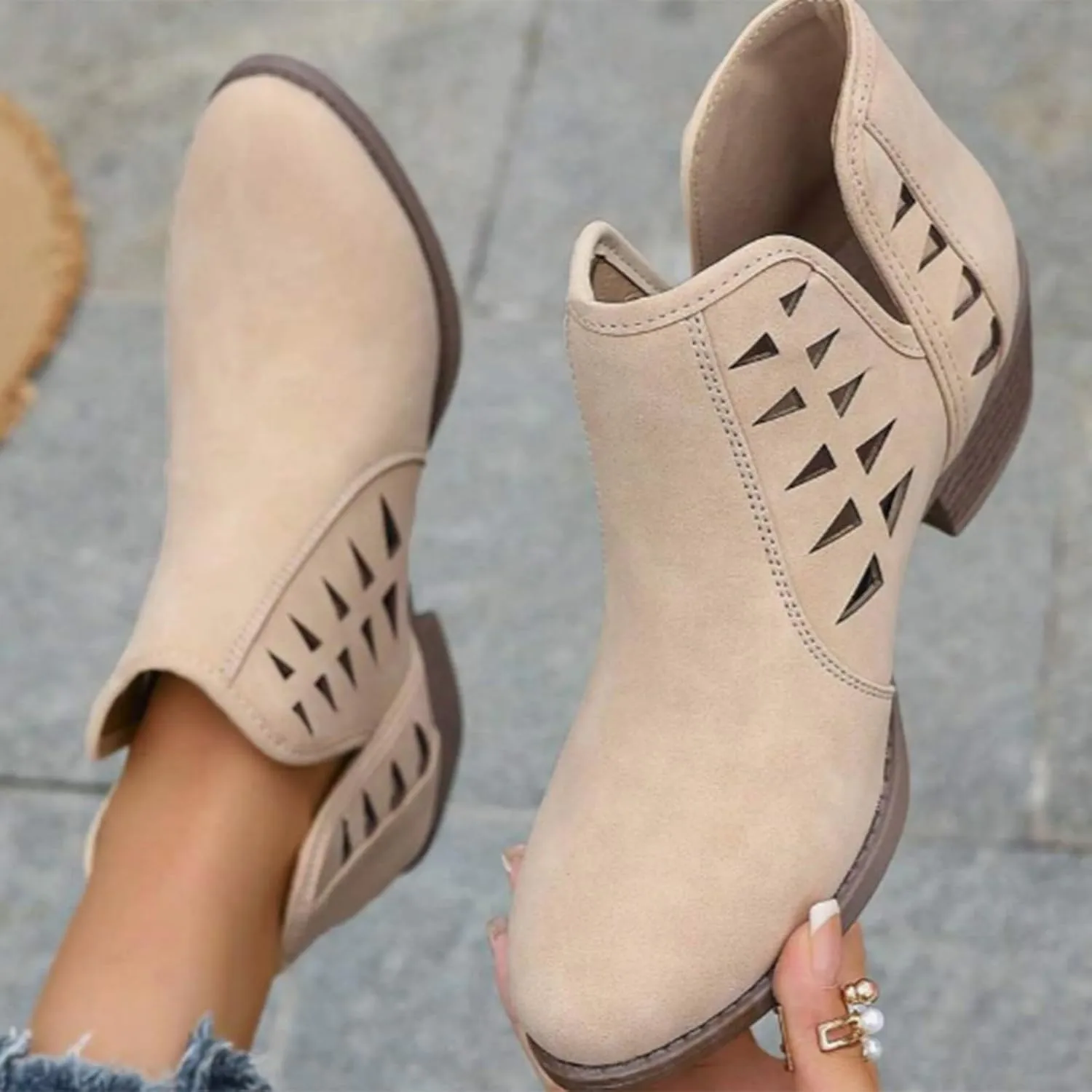 AMDBEL Winter Boots for Women 2024 Ankle Boots Low Heel Round Toe Hollow Out Boots Casual Ladies Walking Booties