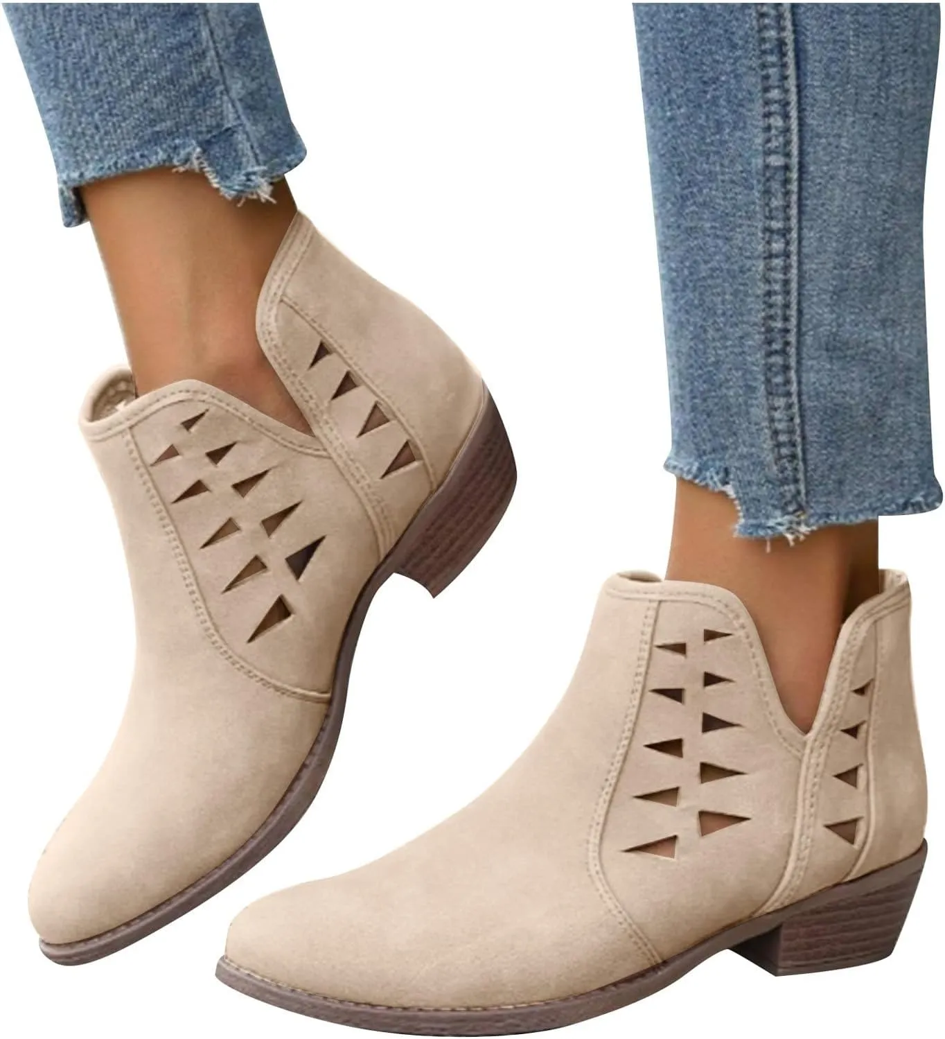 AMDBEL Winter Boots for Women 2024 Ankle Boots Low Heel Round Toe Hollow Out Boots Casual Ladies Walking Booties