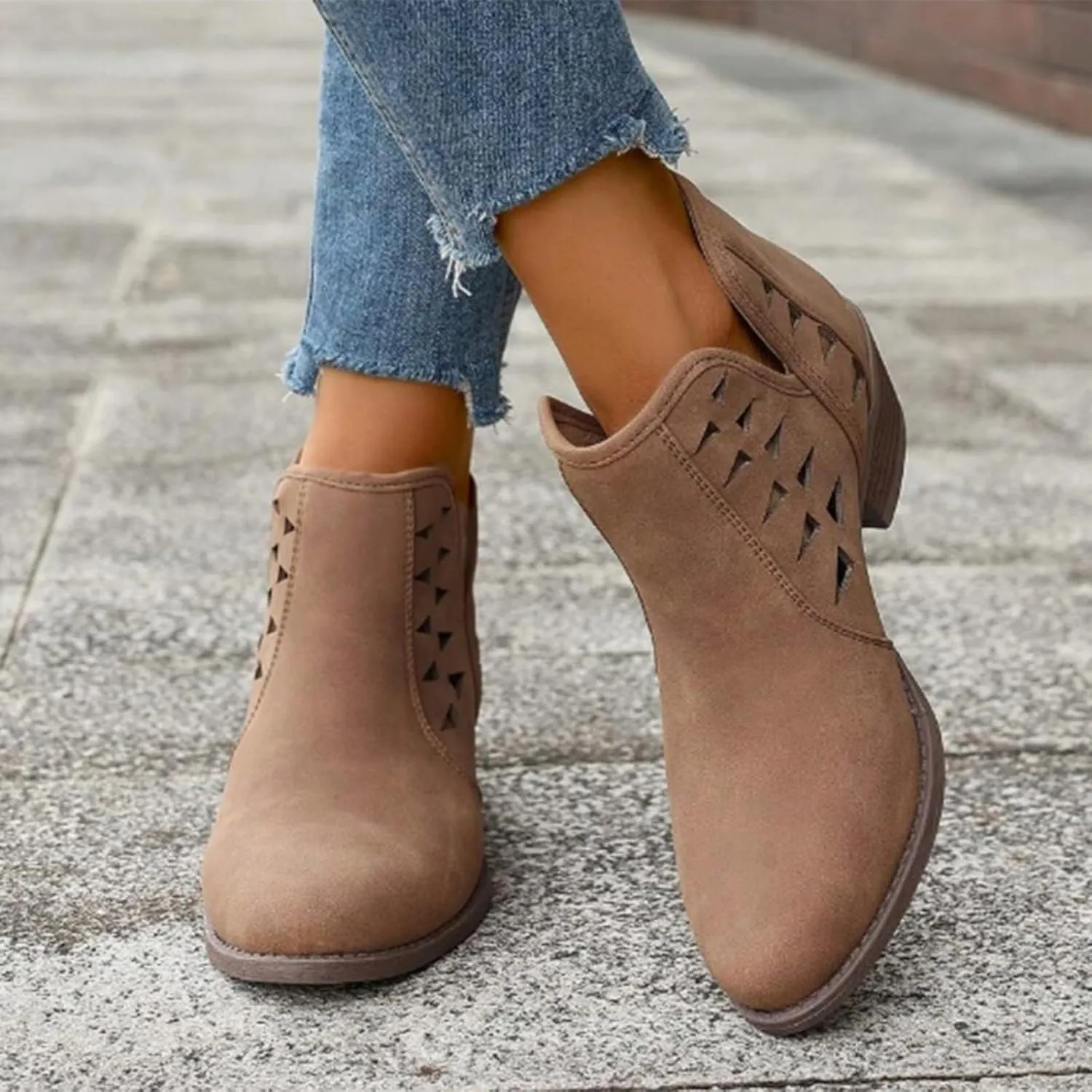 AMDBEL Winter Boots for Women 2024 Ankle Boots Low Heel Round Toe Hollow Out Boots Casual Ladies Walking Booties