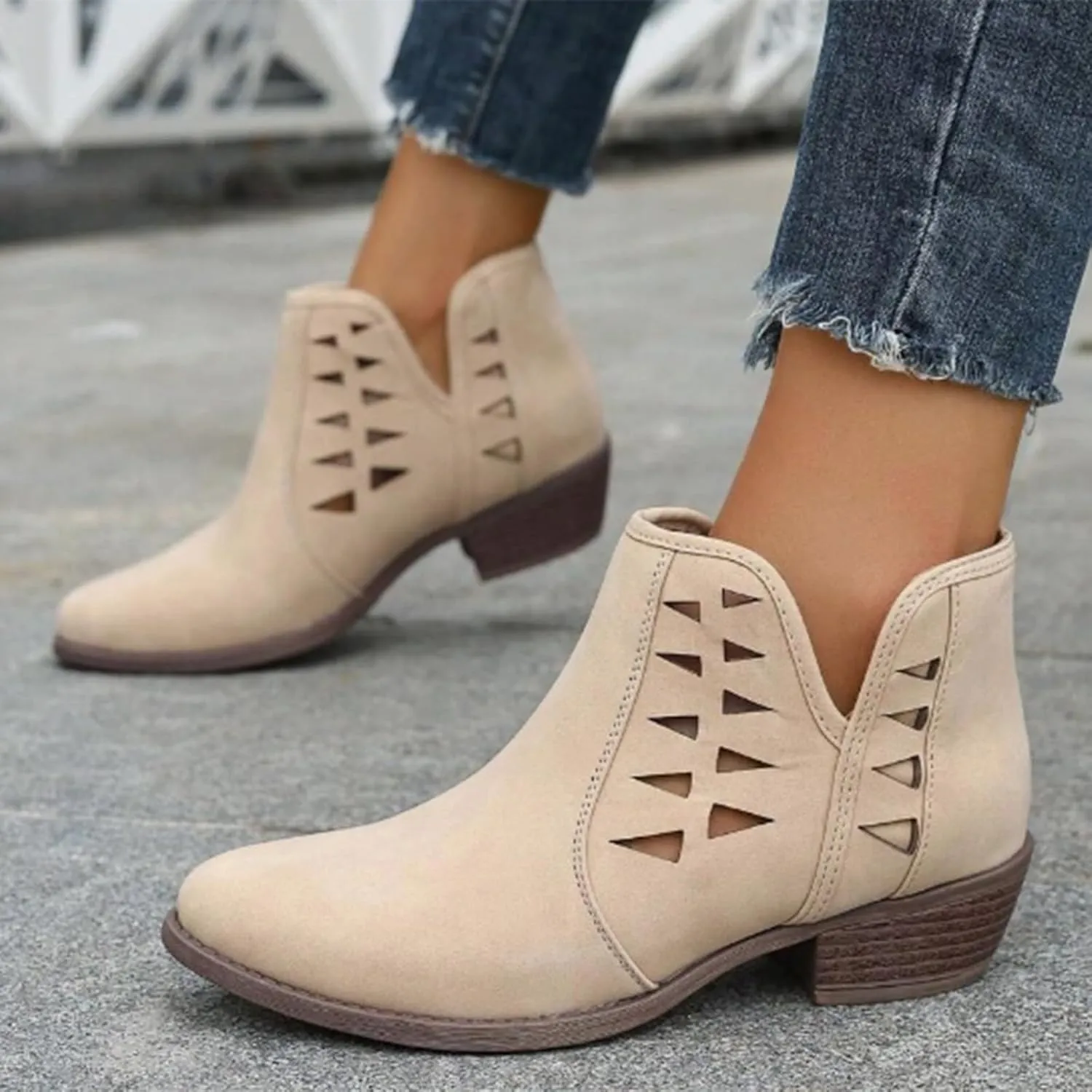 AMDBEL Winter Boots for Women 2024 Ankle Boots Low Heel Round Toe Hollow Out Boots Casual Ladies Walking Booties