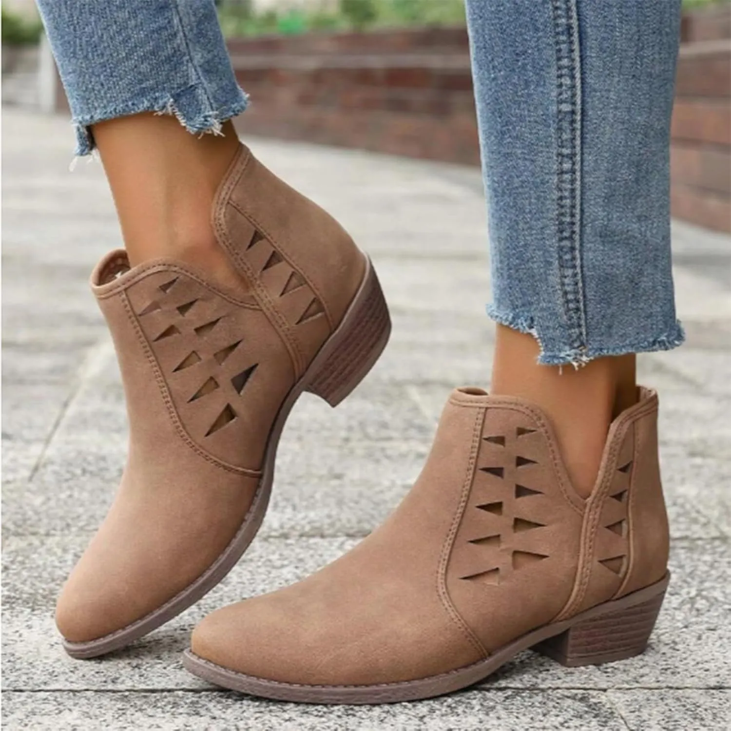 AMDBEL Winter Boots for Women 2024 Ankle Boots Low Heel Round Toe Hollow Out Boots Casual Ladies Walking Booties