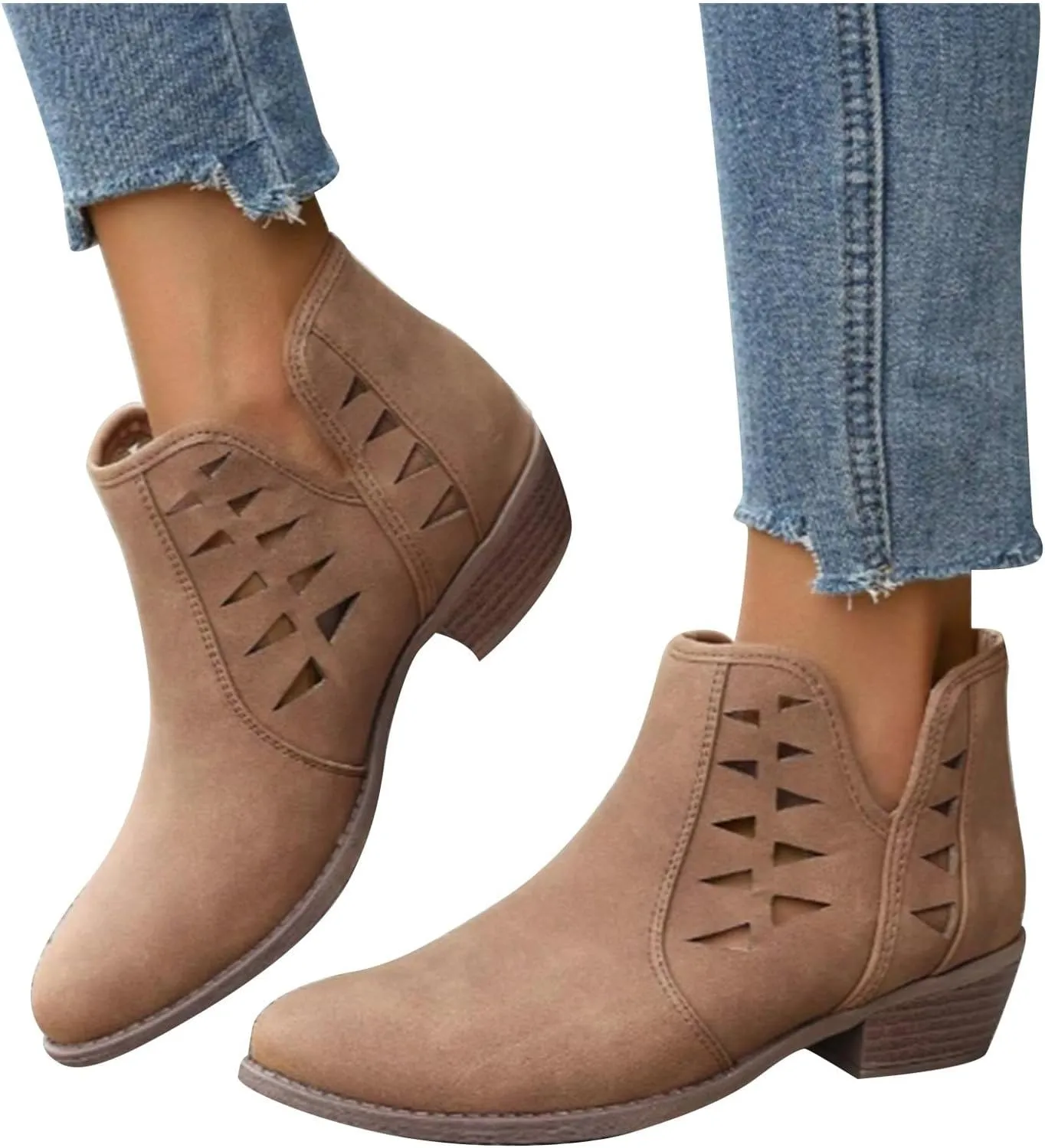 AMDBEL Winter Boots for Women 2024 Ankle Boots Low Heel Round Toe Hollow Out Boots Casual Ladies Walking Booties