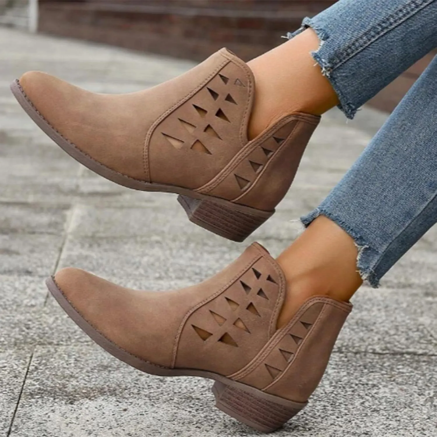 AMDBEL Winter Boots for Women 2024 Ankle Boots Low Heel Round Toe Hollow Out Boots Casual Ladies Walking Booties