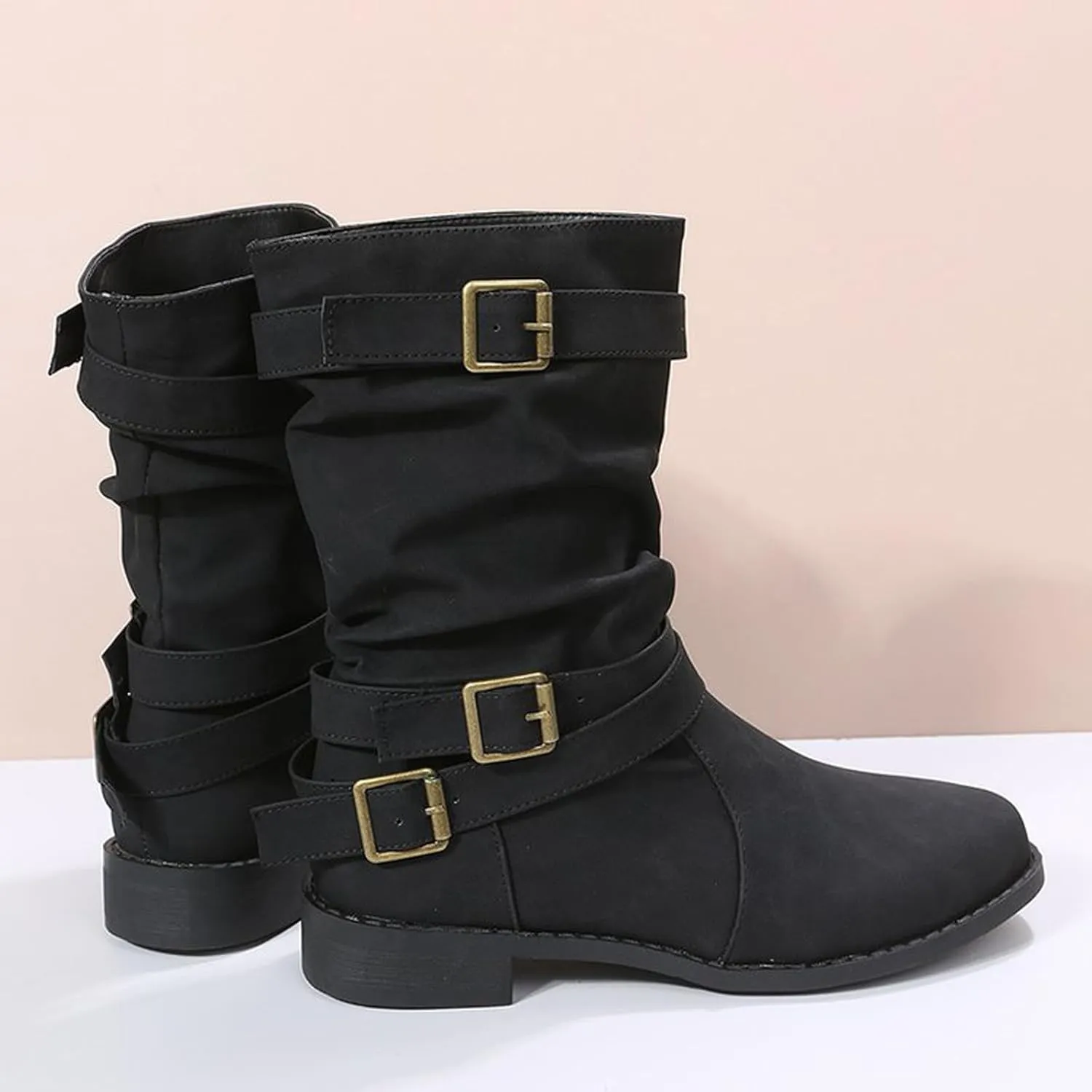 AMDBEL Winter Boots for Women 2024 Ankle Boots Low Heel Slip On Boots Winter Ladies Mid Calf Booties Shoes