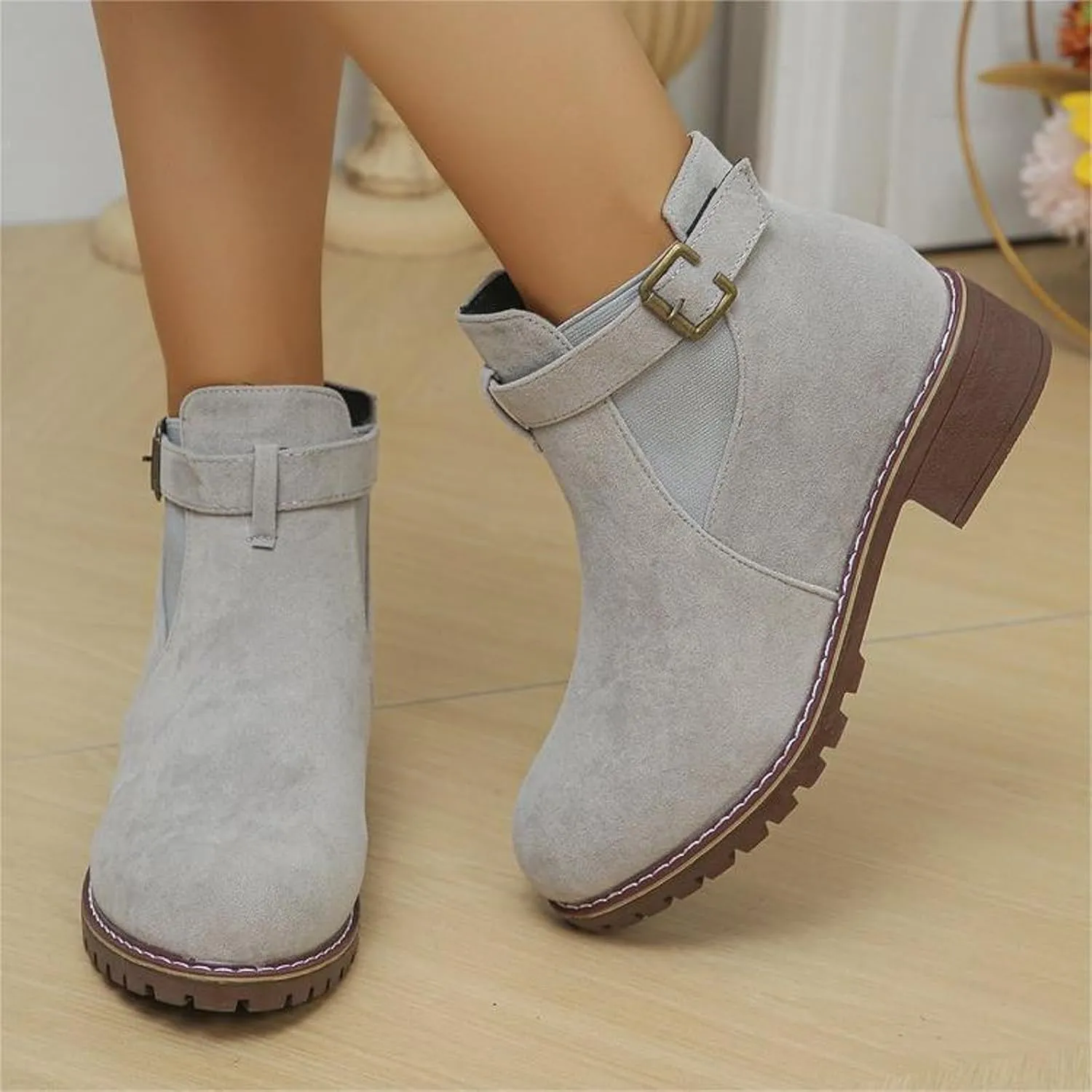 AMDBEL Winter Boots for Women 2024 Ankle Boots Low Thick Heel Comfortable Round Toe Suede Short Boots Winter Shoes