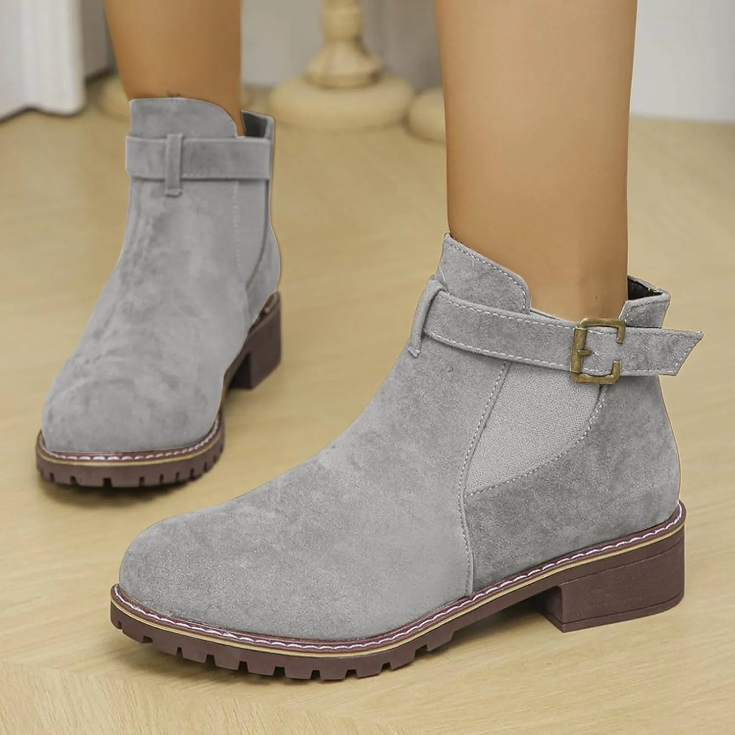 AMDBEL Winter Boots for Women 2024 Ankle Boots Low Thick Heel Comfortable Round Toe Suede Short Boots Winter Shoes