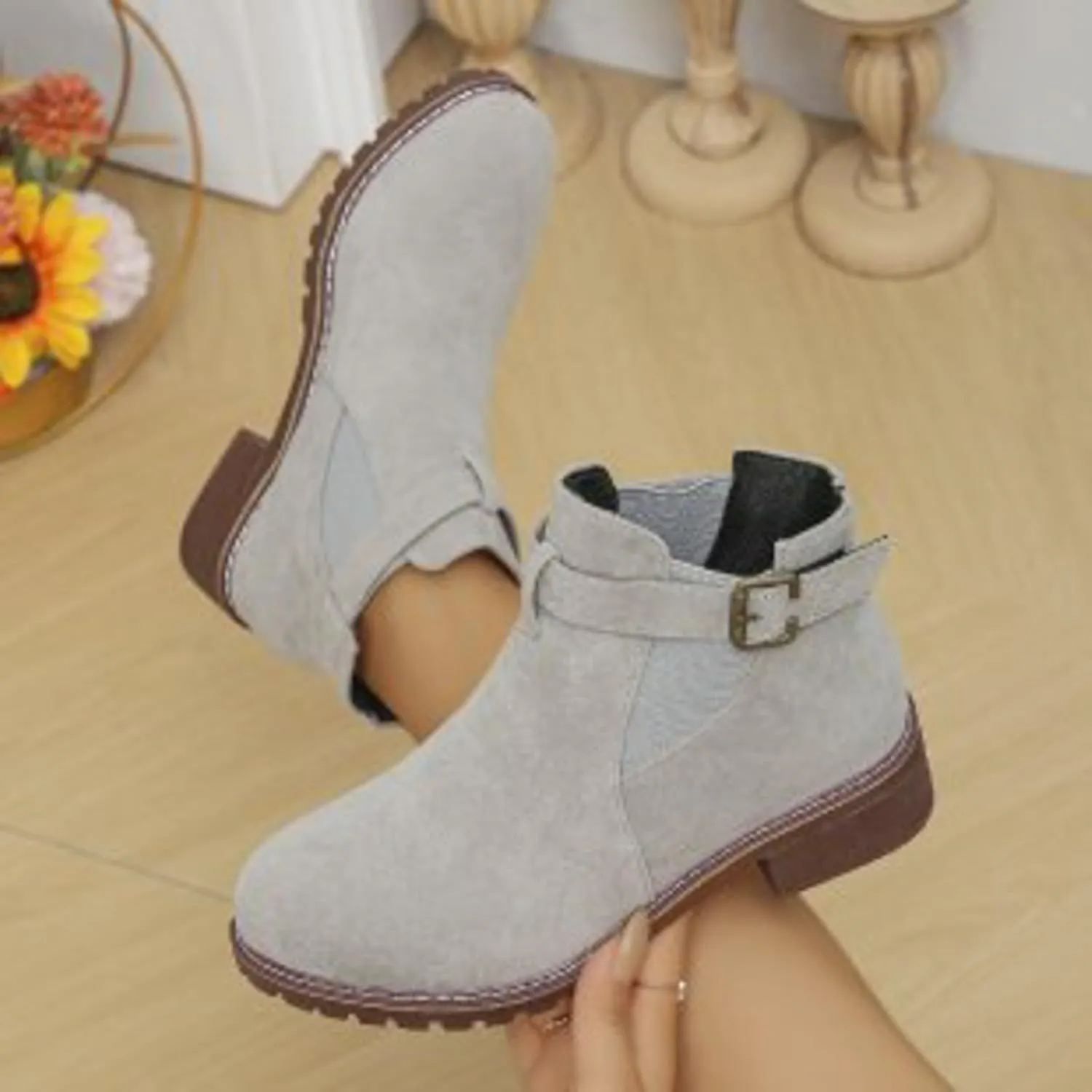 AMDBEL Winter Boots for Women 2024 Ankle Boots Low Thick Heel Comfortable Round Toe Suede Short Boots Winter Shoes