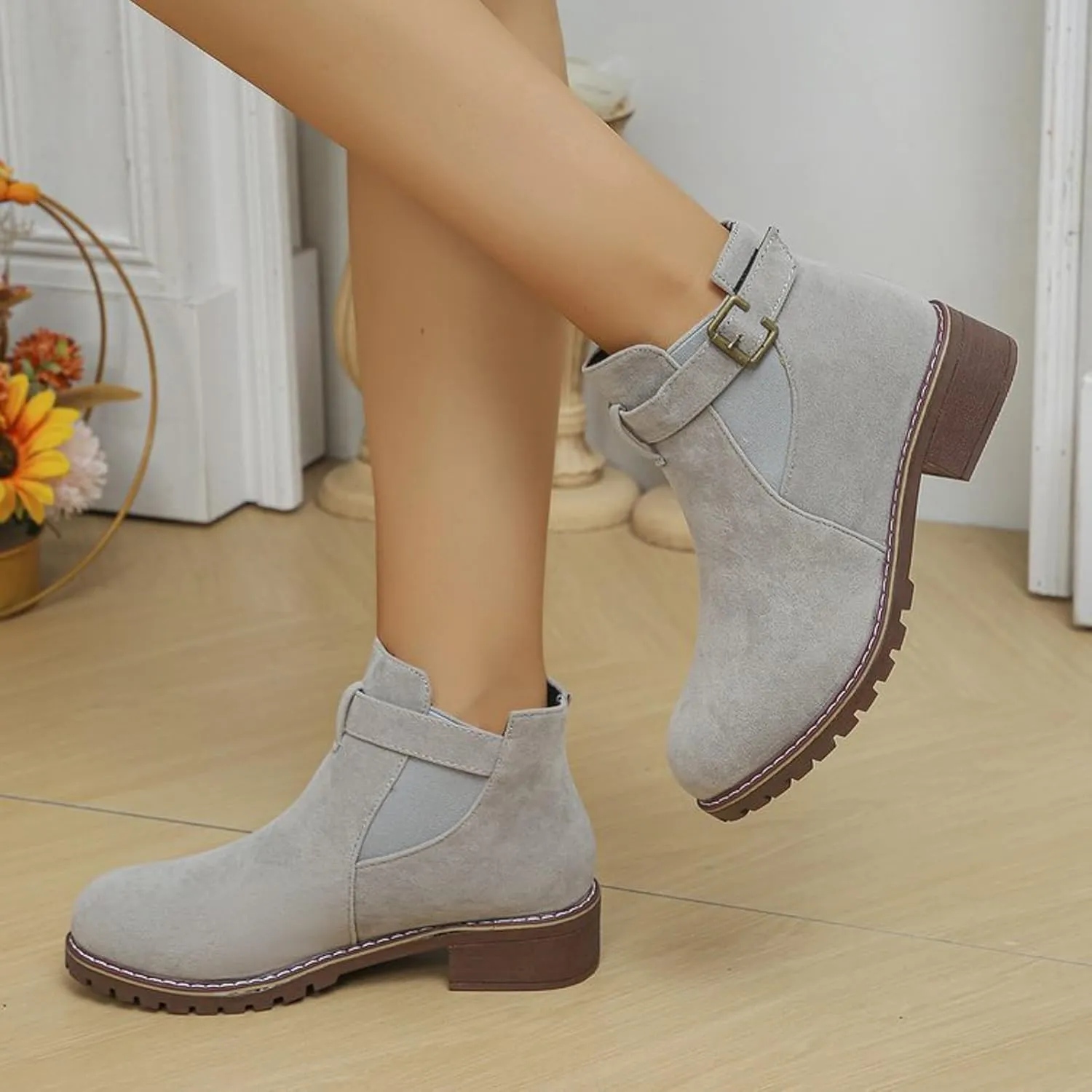 AMDBEL Winter Boots for Women 2024 Ankle Boots Low Thick Heel Comfortable Round Toe Suede Short Boots Winter Shoes