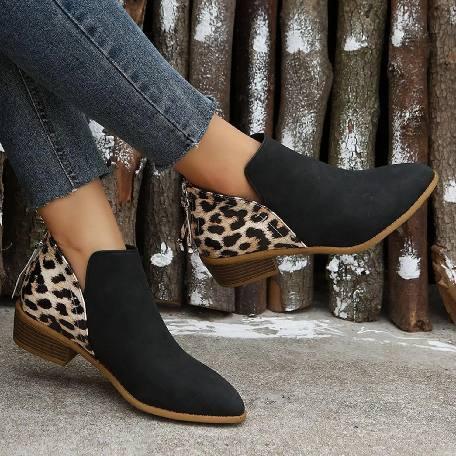 AMDBEL Winter Boots for Women 2024 Ankle Boots Round Toe Leopard Print Side Zipper Short Boot Winter Walking Shoes