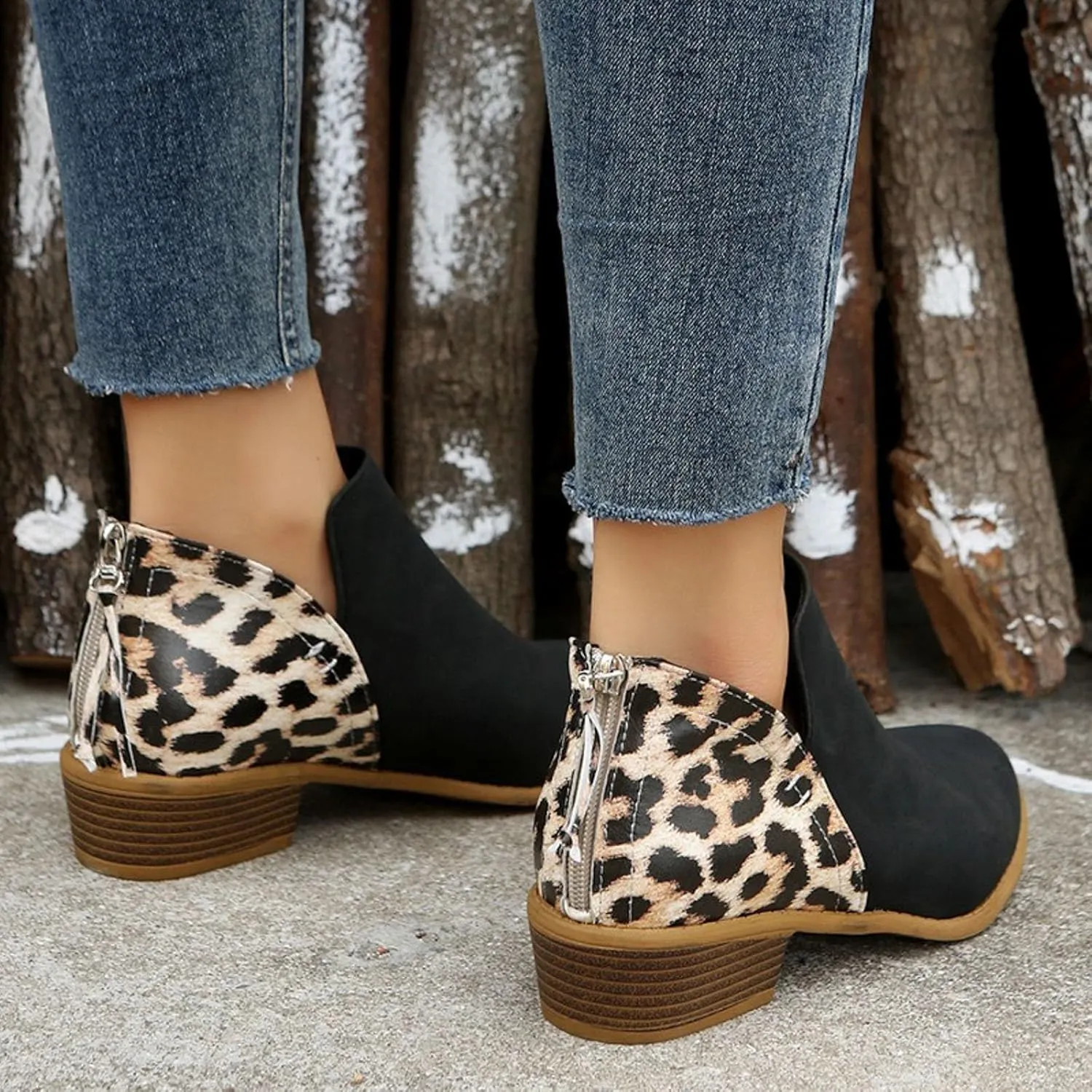 AMDBEL Winter Boots for Women 2024 Ankle Boots Round Toe Leopard Print Side Zipper Short Boot Winter Walking Shoes