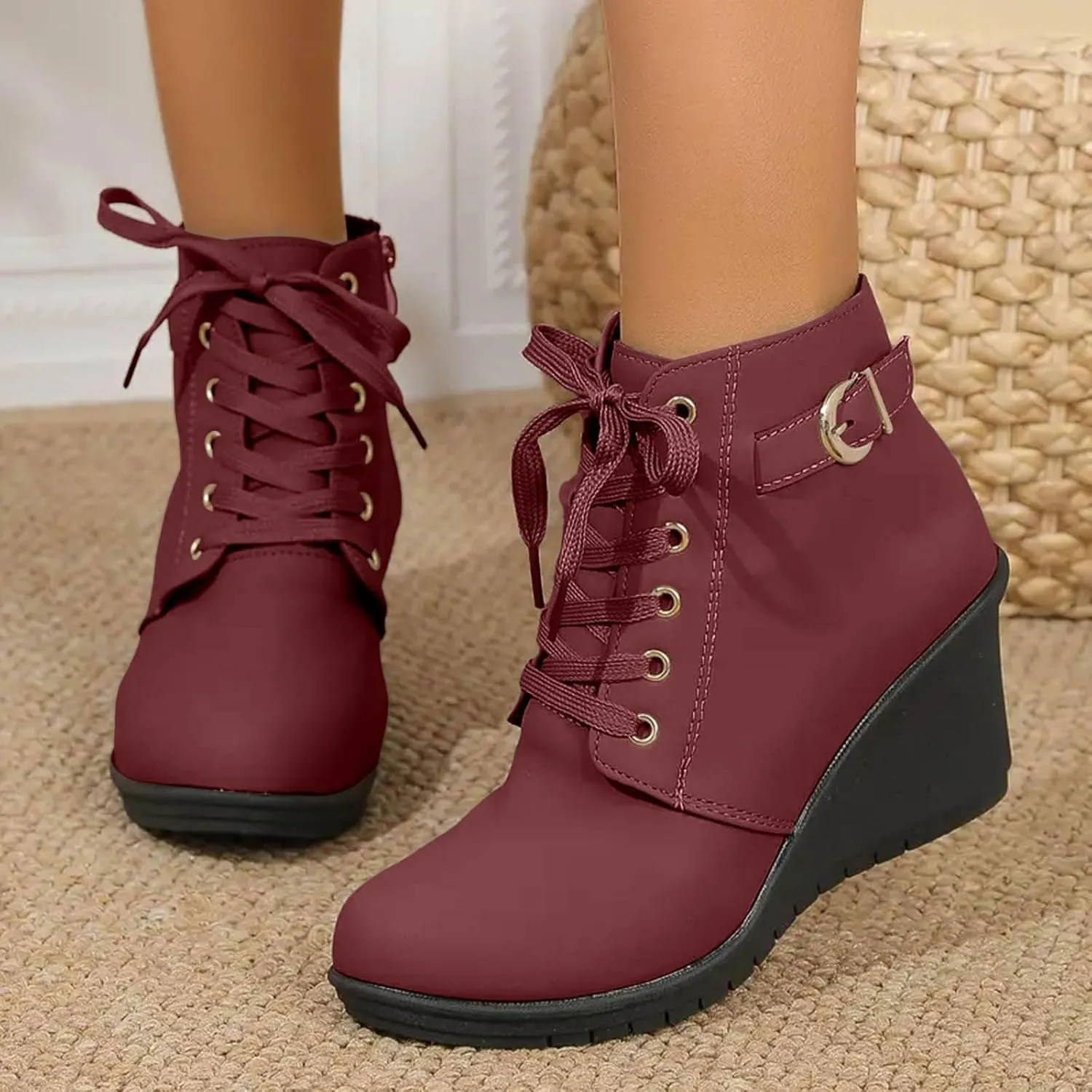 AMDBEL Winter Boots for Women 2024 Ankle Boots Square Heel Lace Up Short Boots Winter Wedge Booties Shoes
