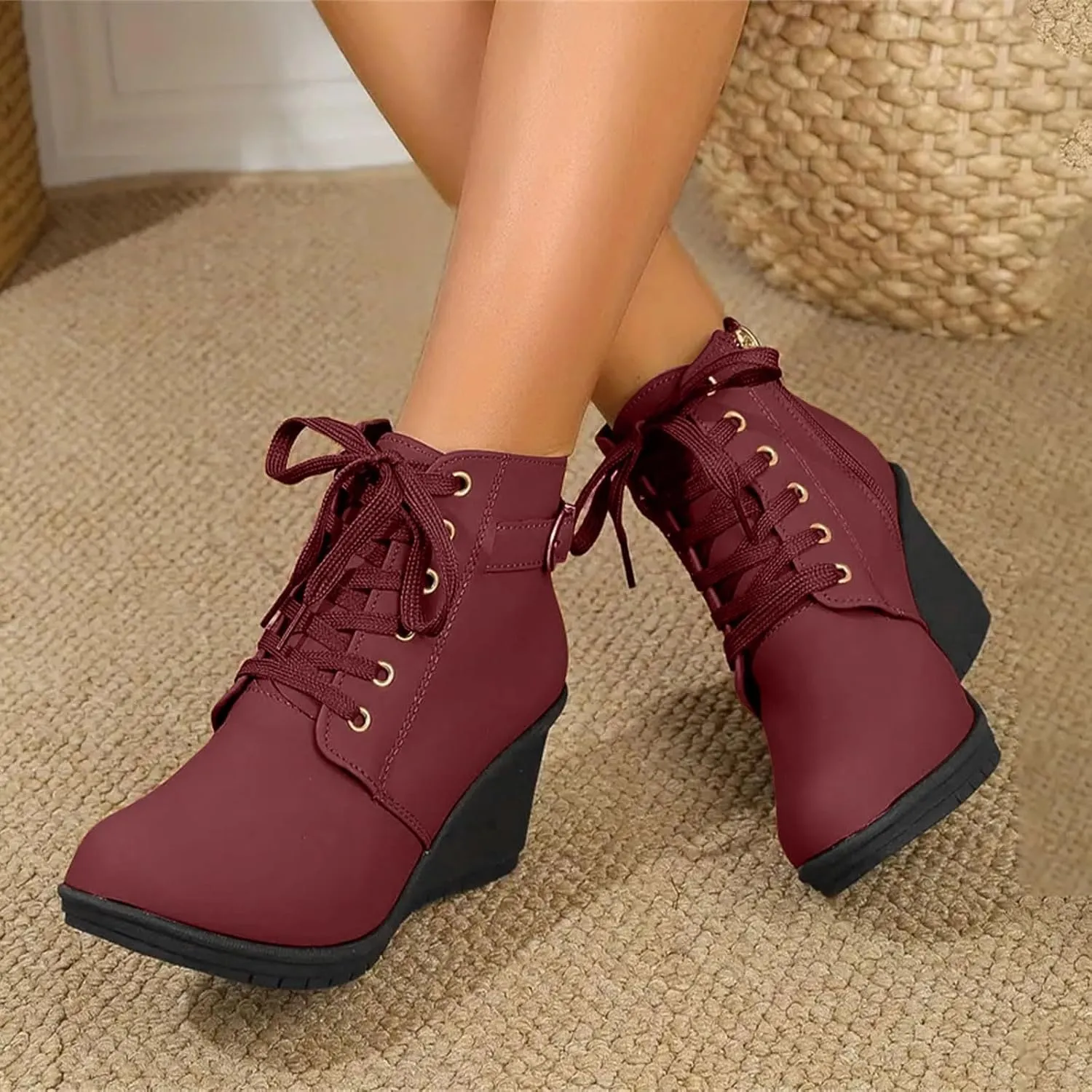 AMDBEL Winter Boots for Women 2024 Ankle Boots Square Heel Lace Up Short Boots Winter Wedge Booties Shoes