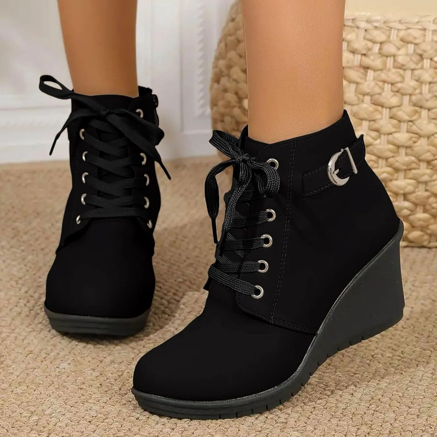 AMDBEL Winter Boots for Women 2024 Ankle Boots Square Heel Lace Up Short Boots Winter Wedge Booties Shoes
