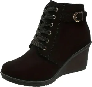 AMDBEL Winter Boots for Women 2024 Ankle Boots Square Heel Lace Up Short Boots Winter Wedge Booties Shoes