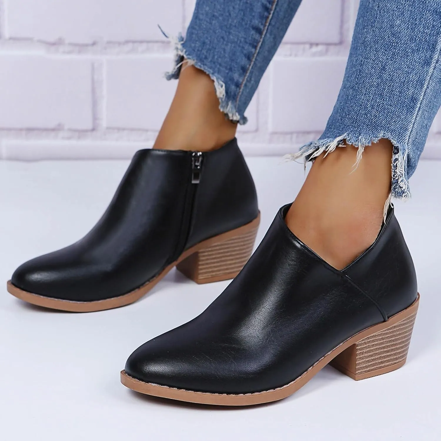AMDBEL Womens Boots Ankle, Ankle Booties Low Chunky Block Heel Side Zipper Pointd Toe Fall Winter Short Boots Shoes
