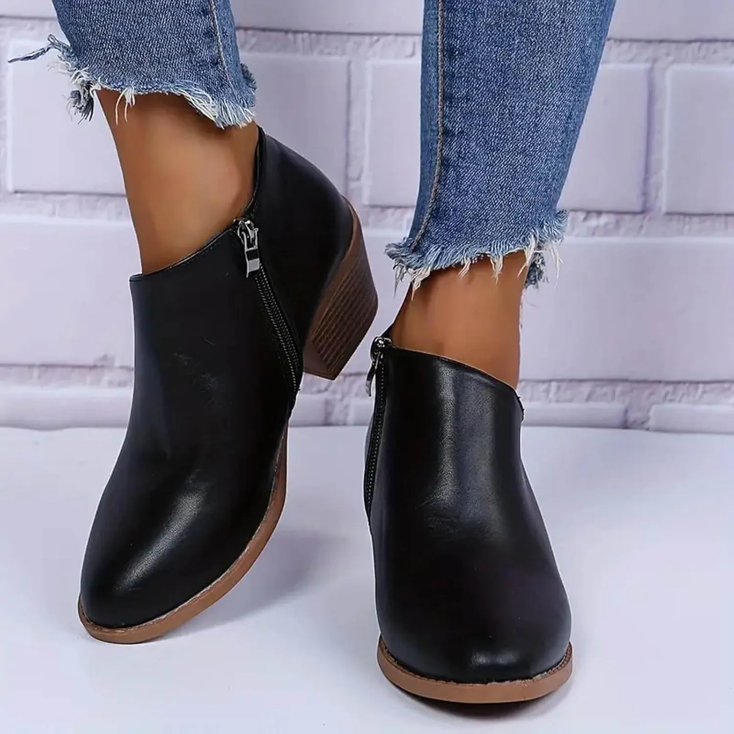 AMDBEL Womens Boots Ankle, Ankle Booties Low Chunky Block Heel Side Zipper Pointd Toe Fall Winter Short Boots Shoes