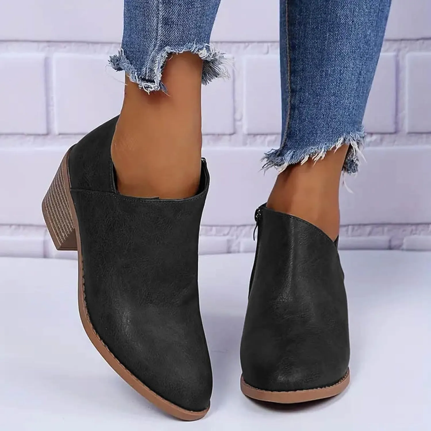 AMDBEL Womens Boots Ankle, Ankle Booties Low Chunky Block Heel Side Zipper Pointd Toe Fall Winter Short Boots Shoes