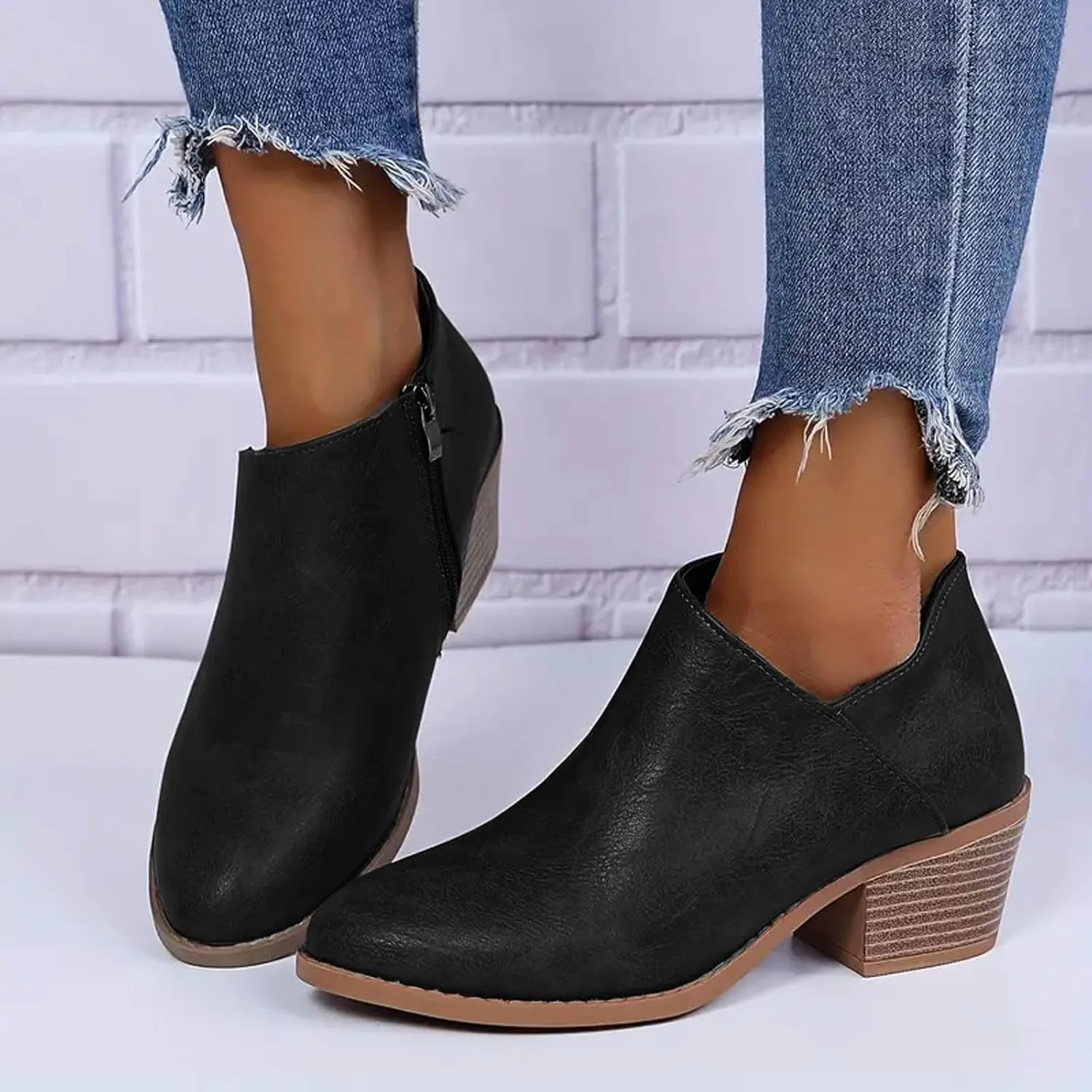 AMDBEL Womens Boots Ankle, Ankle Booties Low Chunky Block Heel Side Zipper Pointd Toe Fall Winter Short Boots Shoes
