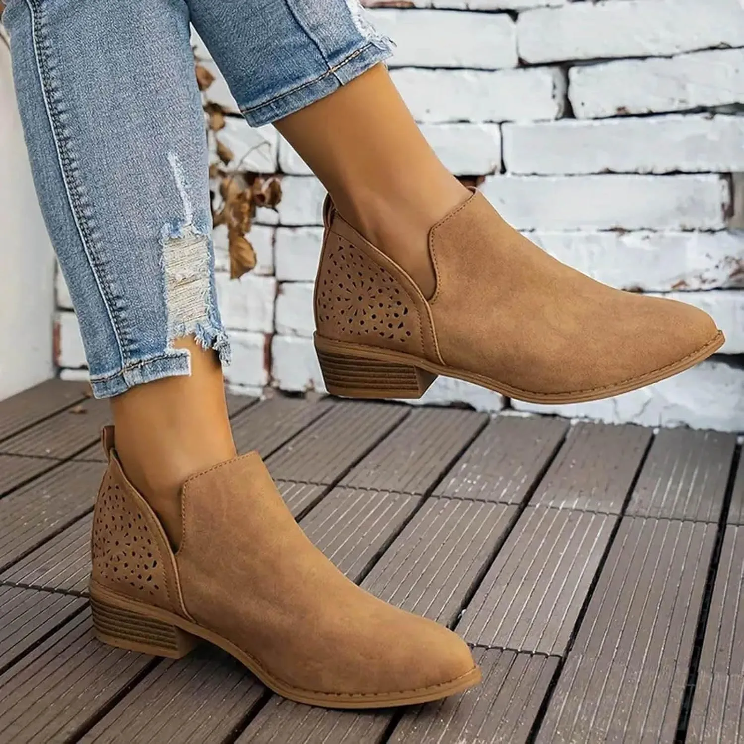 AMDBEL Womens Boots Ankle, Ankle Booties Low Heel Short Boots Chelsea Boots Hollow Out Pointd Toe Fall Winter Shoes