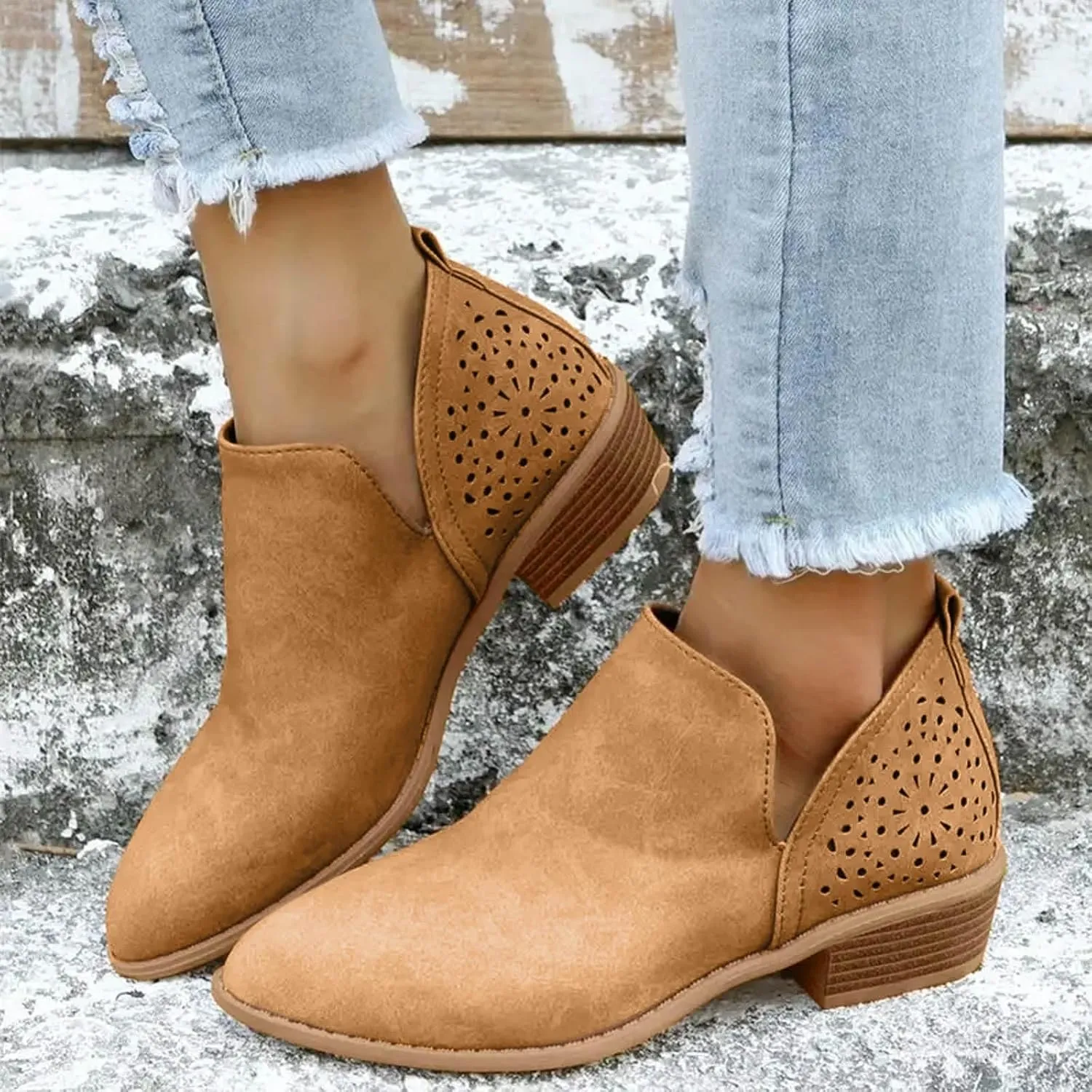AMDBEL Womens Boots Ankle, Ankle Booties Low Heel Short Boots Chelsea Boots Hollow Out Pointd Toe Fall Winter Shoes