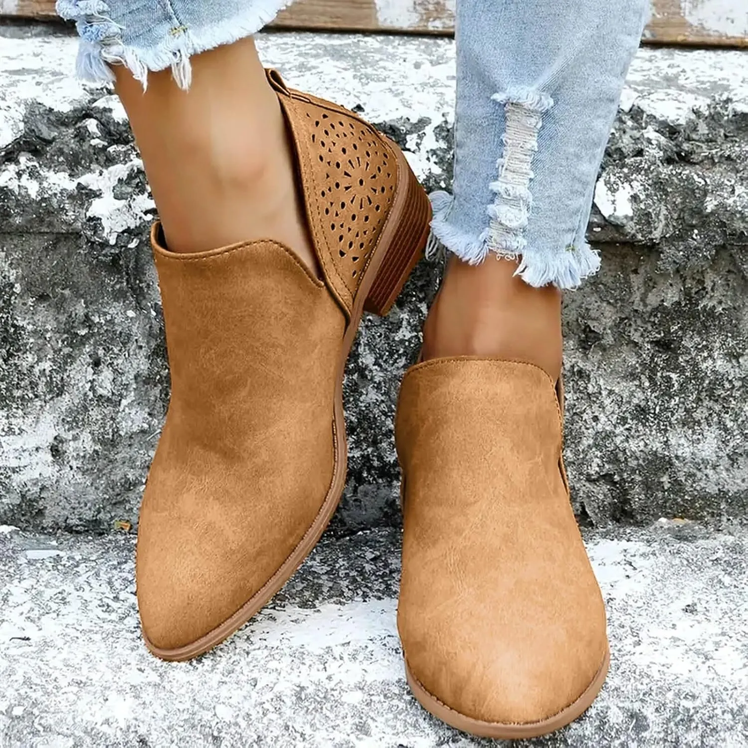 AMDBEL Womens Boots Ankle, Ankle Booties Low Heel Short Boots Chelsea Boots Hollow Out Pointd Toe Fall Winter Shoes