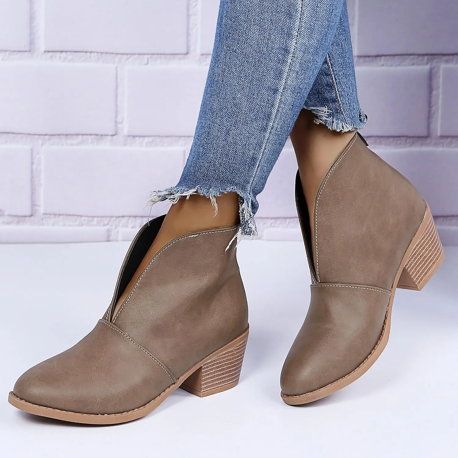 AMDBEL Womens Boots Ankle, Women's Ankle Boots Casual V Cut Slip On Chunky Heel Short Fall Winter Bootie Shoes