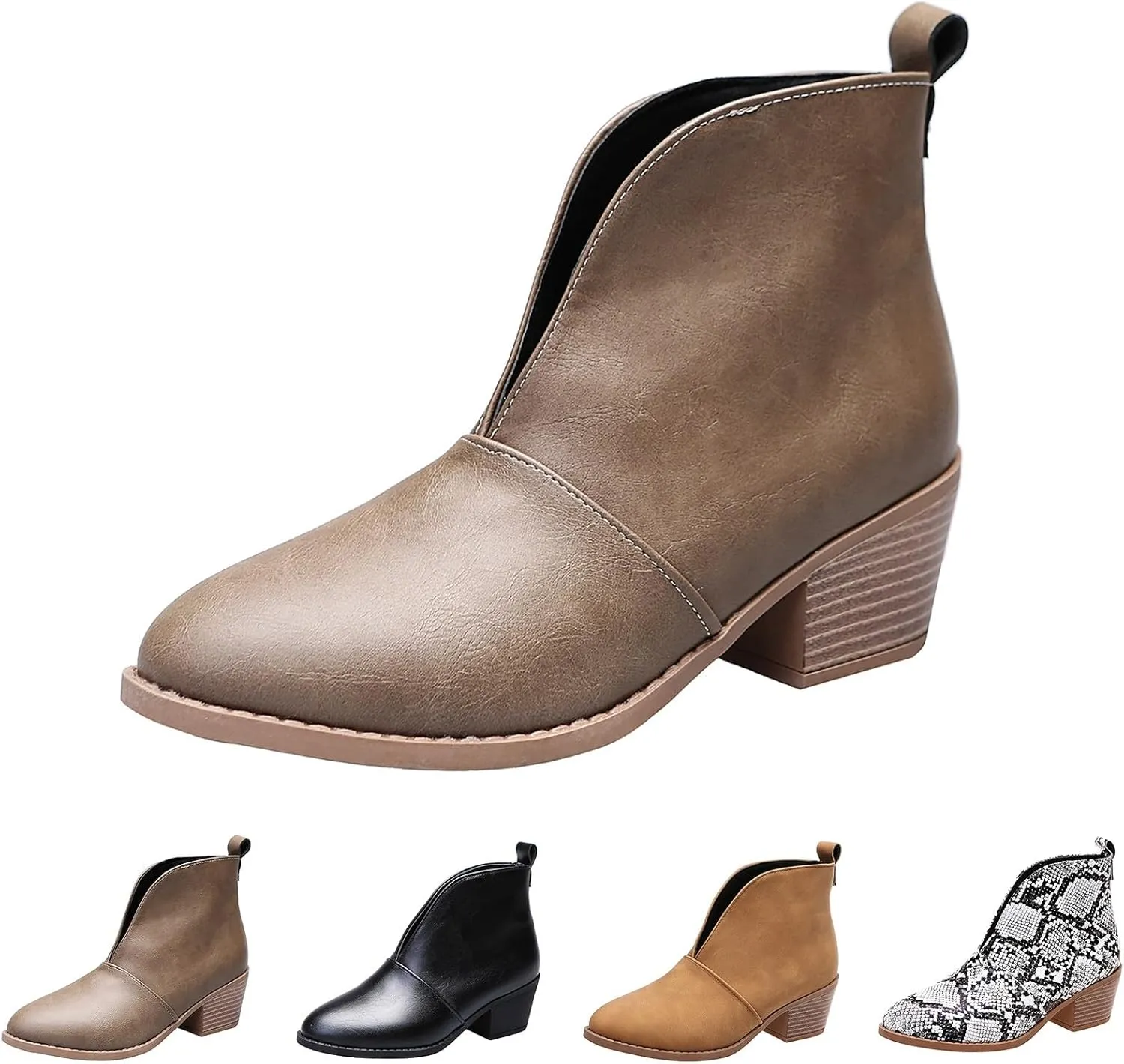 AMDBEL Womens Boots Ankle, Women's Ankle Boots Casual V Cut Slip On Chunky Heel Short Fall Winter Bootie Shoes
