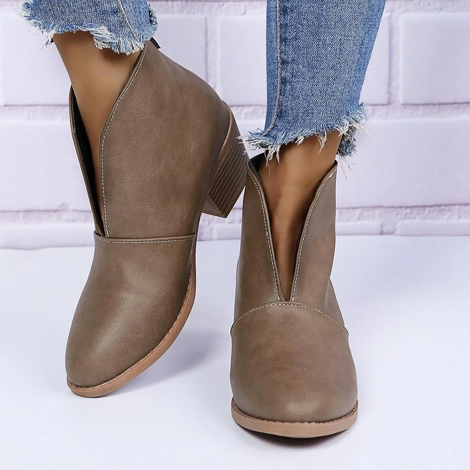 AMDBEL Womens Boots Ankle, Women's Ankle Boots Casual V Cut Slip On Chunky Heel Short Fall Winter Bootie Shoes