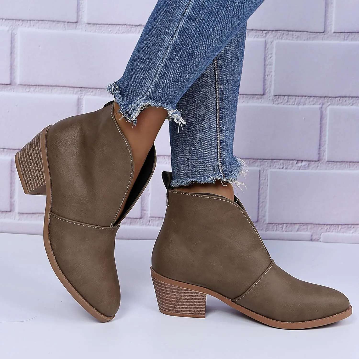 AMDBEL Womens Boots Ankle, Women's Ankle Boots Casual V Cut Slip On Chunky Heel Short Fall Winter Bootie Shoes