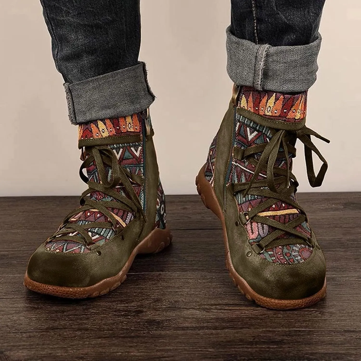 AMDBEL Womens Boots Ankle, Women's Ankle Boots Low Heel Lace Up Short Boots Bohemian Winter Vintage Booties Shoes