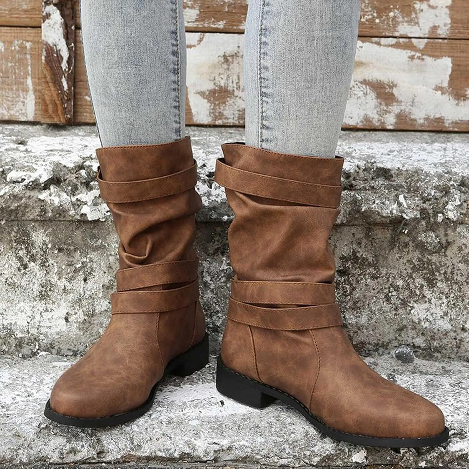 AMDBEL Womens Boots Ankle, Women's Ankle Boots Low Heel Slip On Boots Winter Ladies Mid Calf Booties Shoes