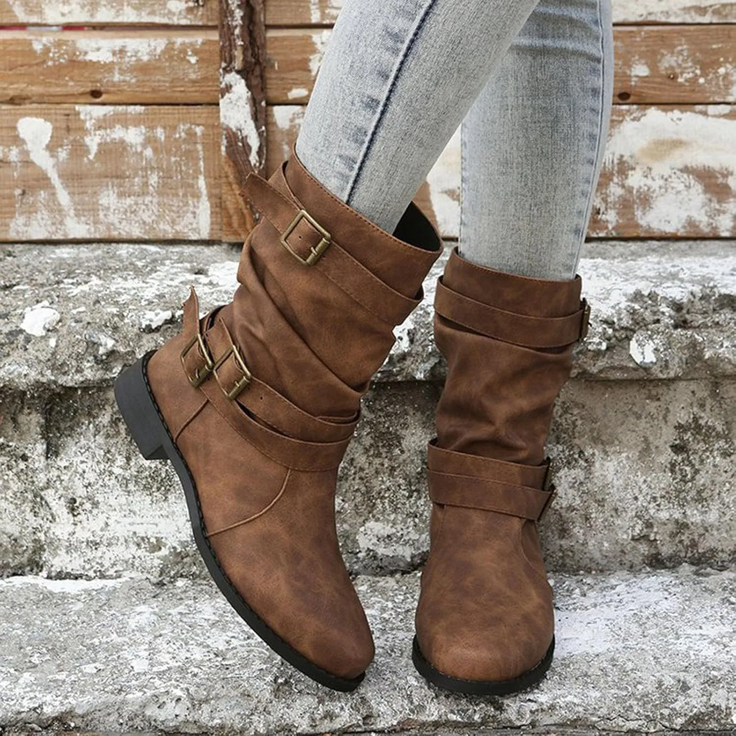 AMDBEL Womens Boots Ankle, Women's Ankle Boots Low Heel Slip On Boots Winter Ladies Mid Calf Booties Shoes