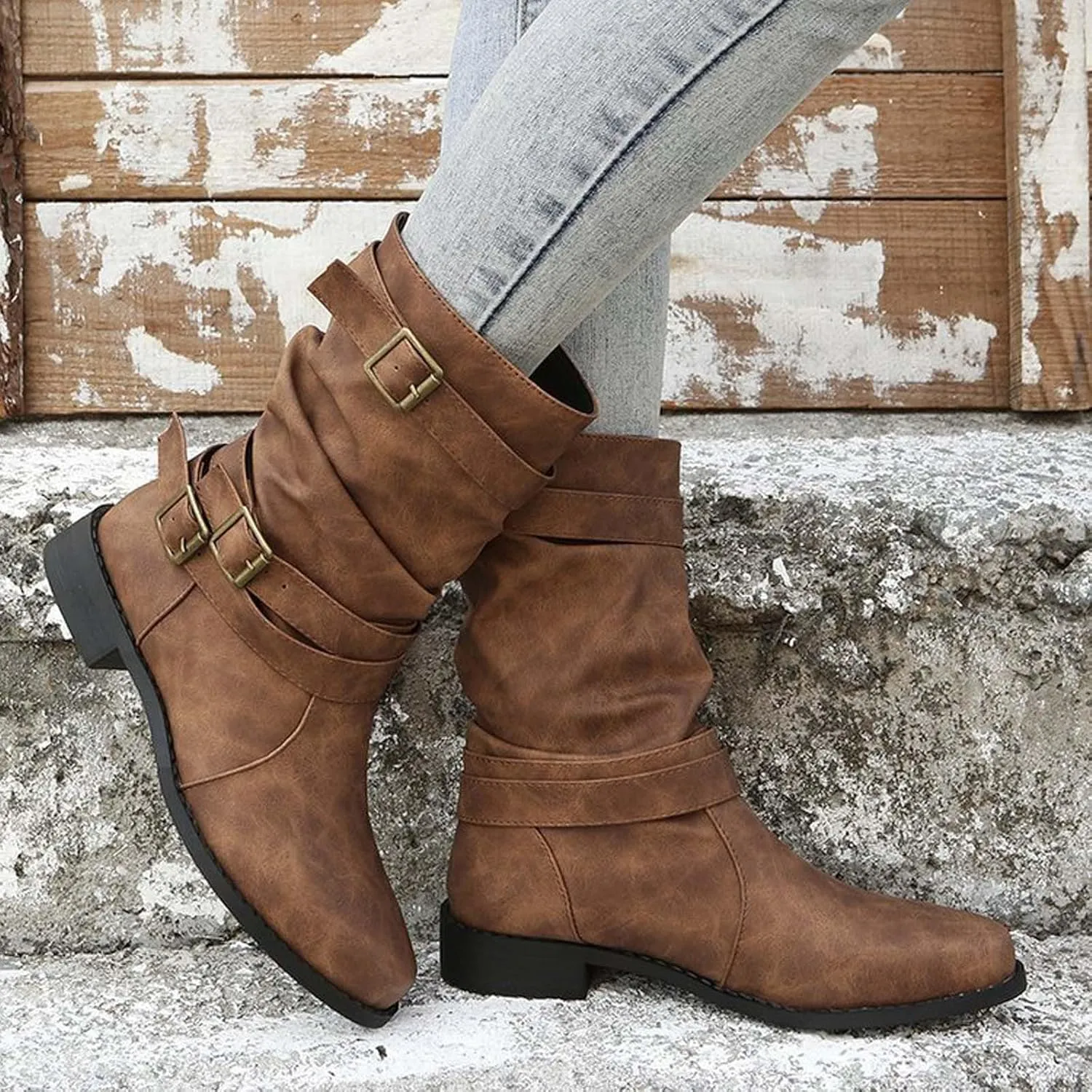 AMDBEL Womens Boots Ankle, Women's Ankle Boots Low Heel Slip On Boots Winter Ladies Mid Calf Booties Shoes