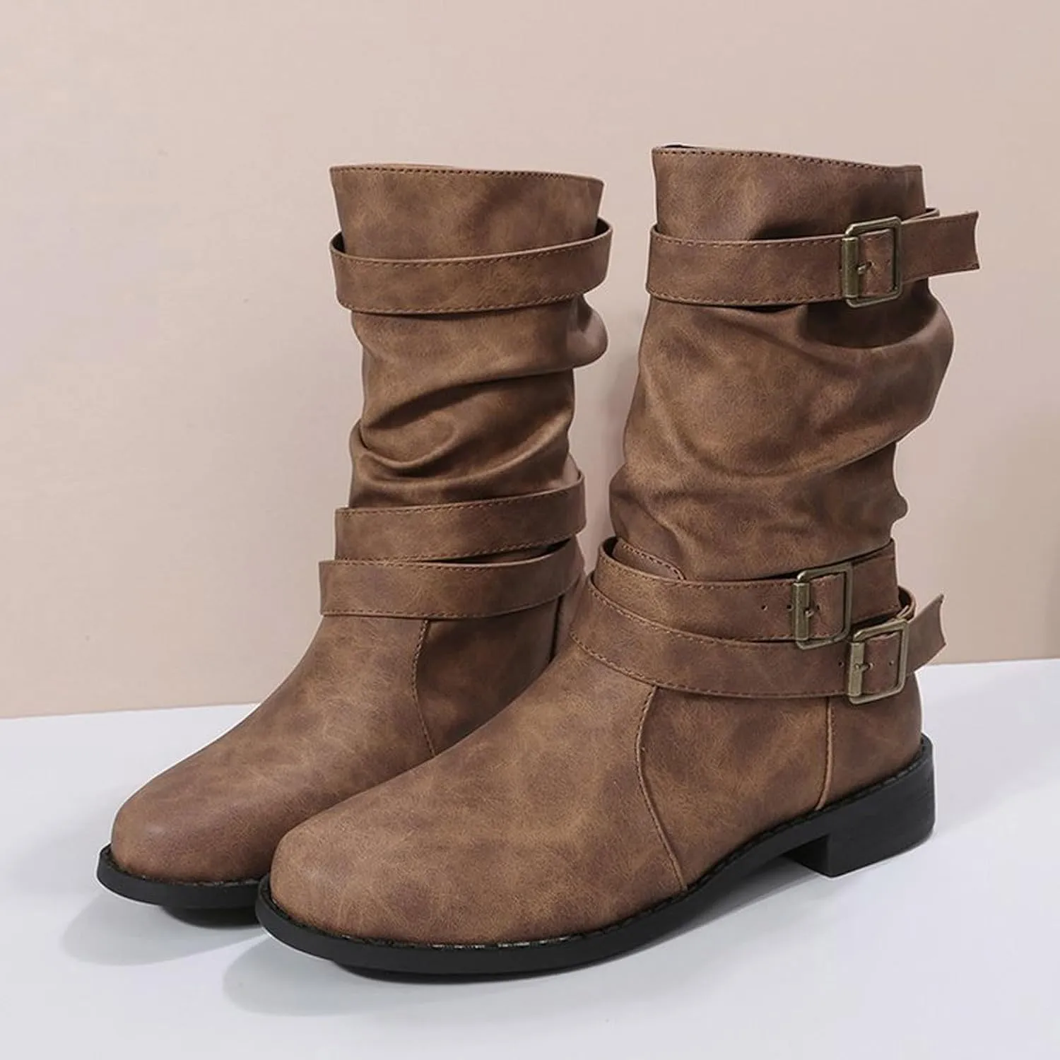 AMDBEL Womens Boots Ankle, Women's Ankle Boots Low Heel Slip On Boots Winter Ladies Mid Calf Booties Shoes