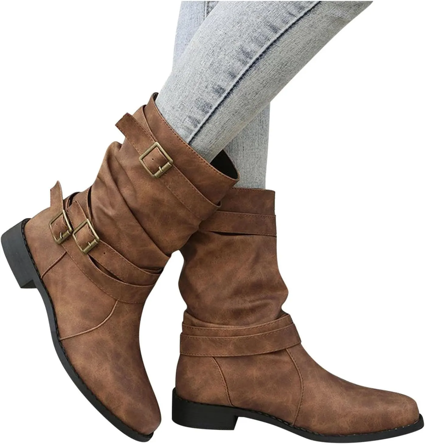AMDBEL Womens Boots Ankle, Women's Ankle Boots Low Heel Slip On Boots Winter Ladies Mid Calf Booties Shoes