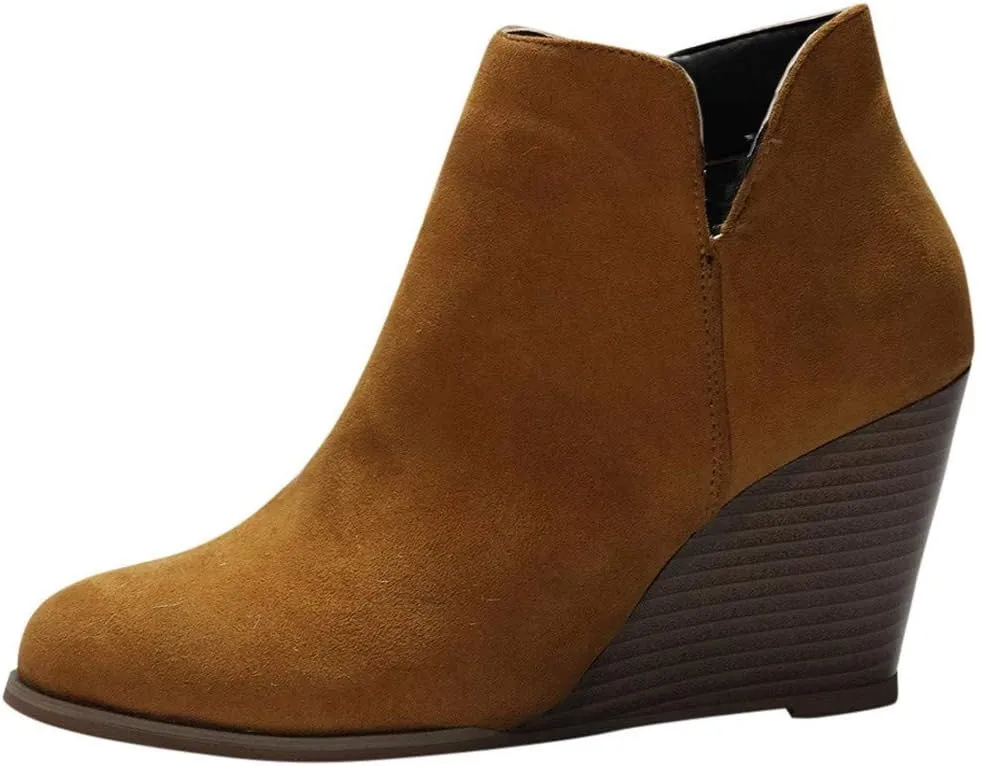 AMDBEL Womens Boots Ankle, Women's Ankle Boots Round Toe Wedge Short Boot Zipper Suede Winter Ladies Walking Shoes
