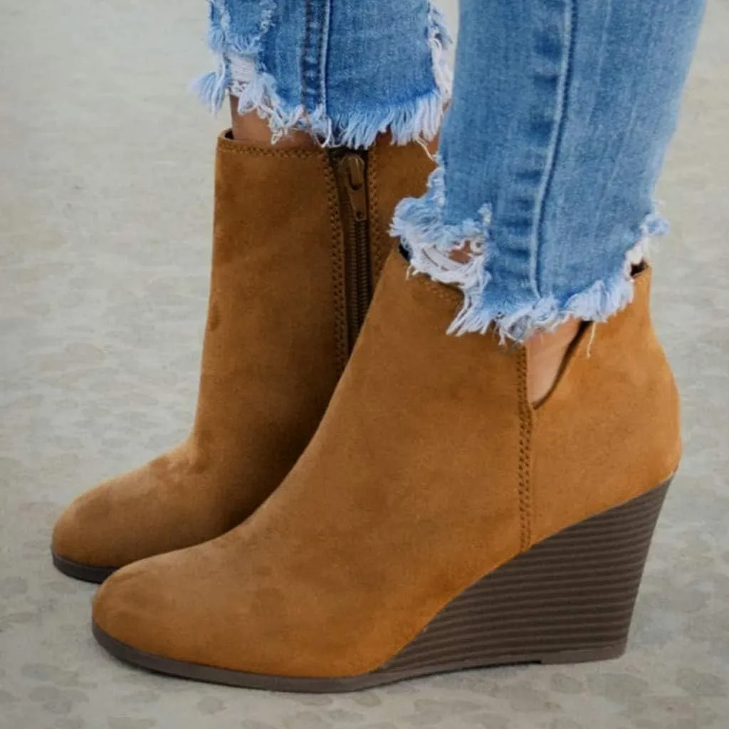 AMDBEL Womens Boots Ankle, Women's Ankle Boots Round Toe Wedge Short Boot Zipper Suede Winter Ladies Walking Shoes