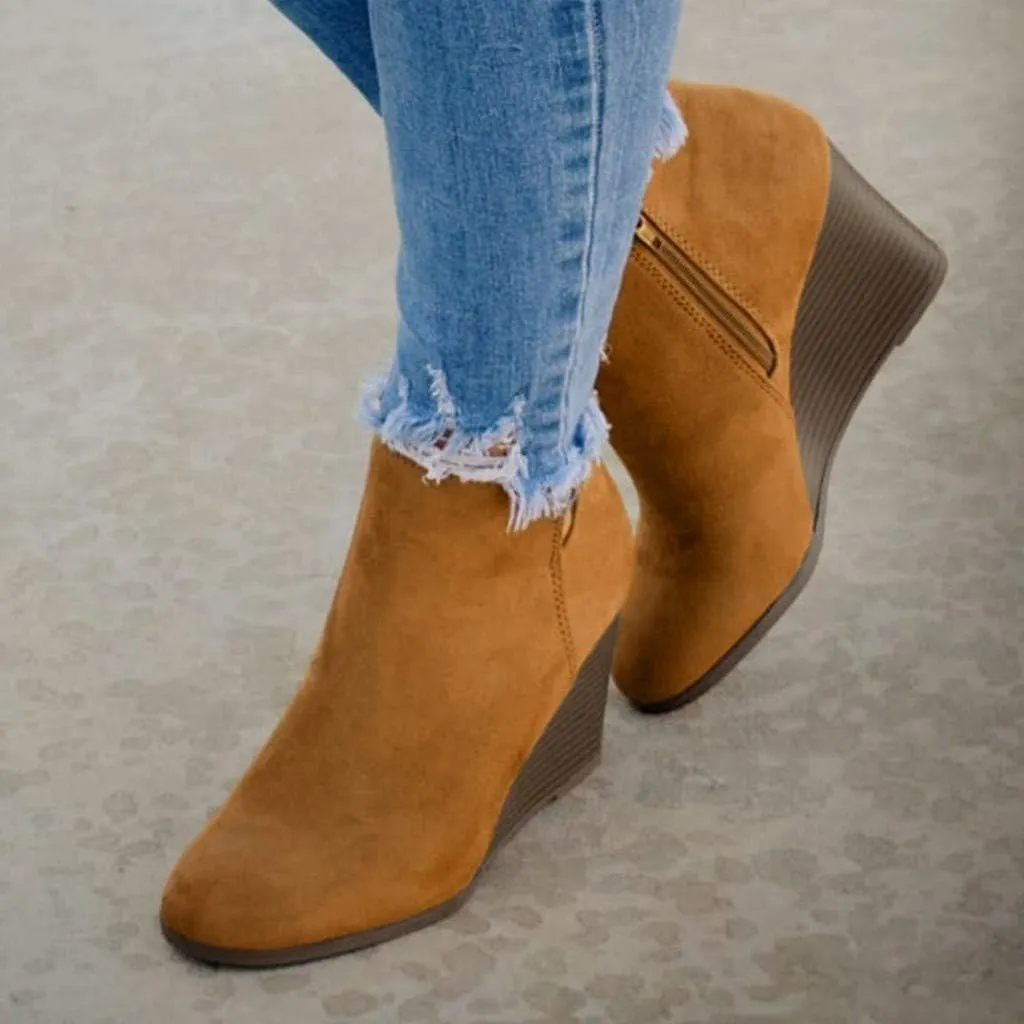 AMDBEL Womens Boots Ankle, Women's Ankle Boots Round Toe Wedge Short Boot Zipper Suede Winter Ladies Walking Shoes