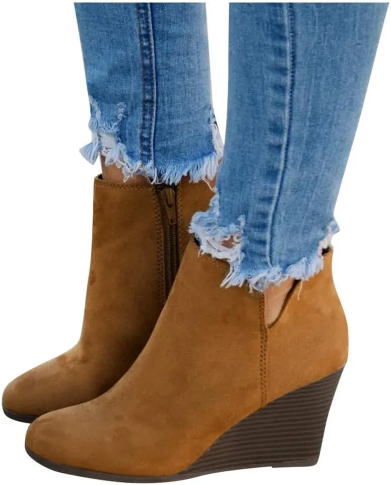 AMDBEL Womens Boots Ankle, Women's Ankle Boots Round Toe Wedge Short Boot Zipper Suede Winter Ladies Walking Shoes