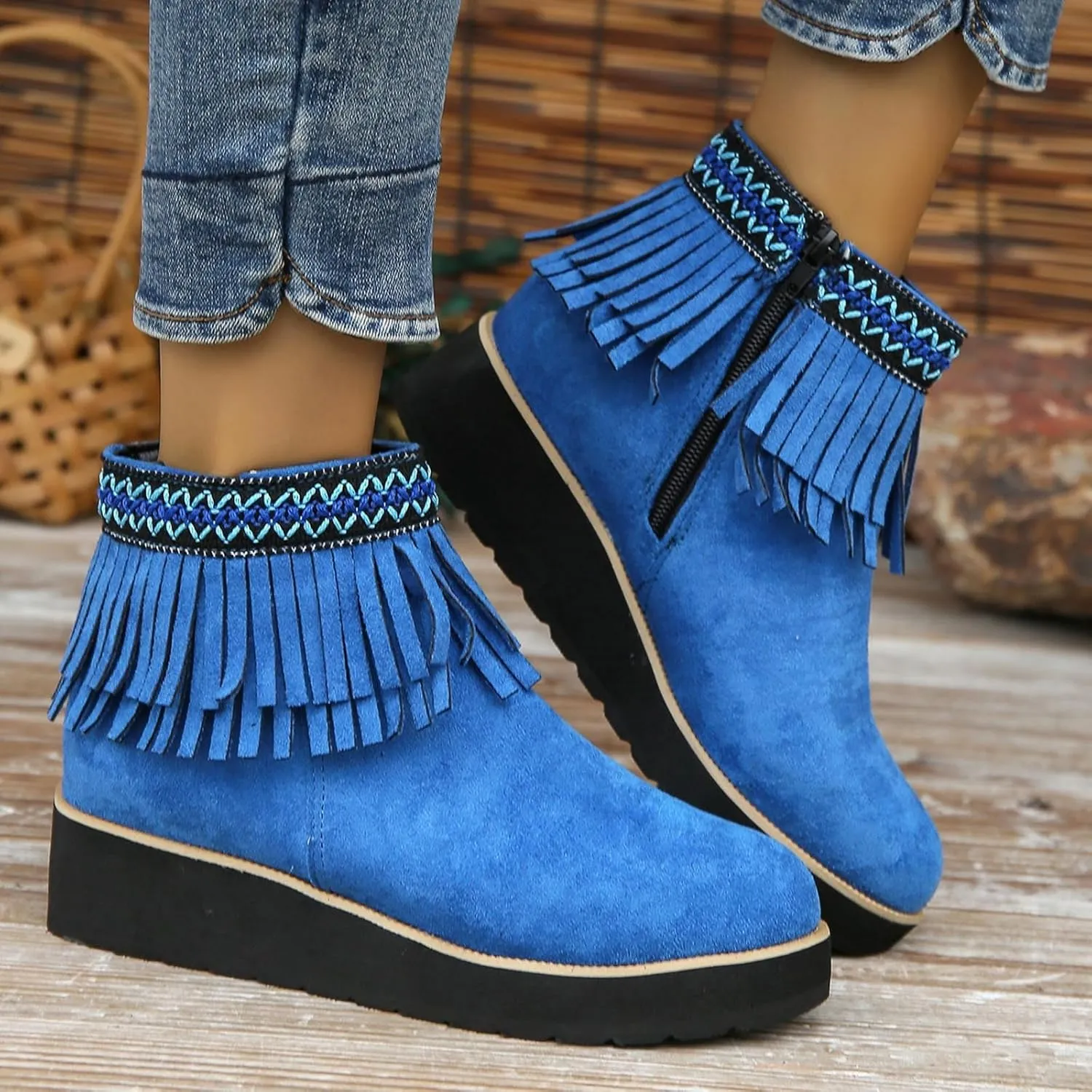 AMDBEL Womens Boots Ankle, Women's Ankle Boots Thick Wedge Heel Tassel Short Boots Casual Winter Walking Shoes