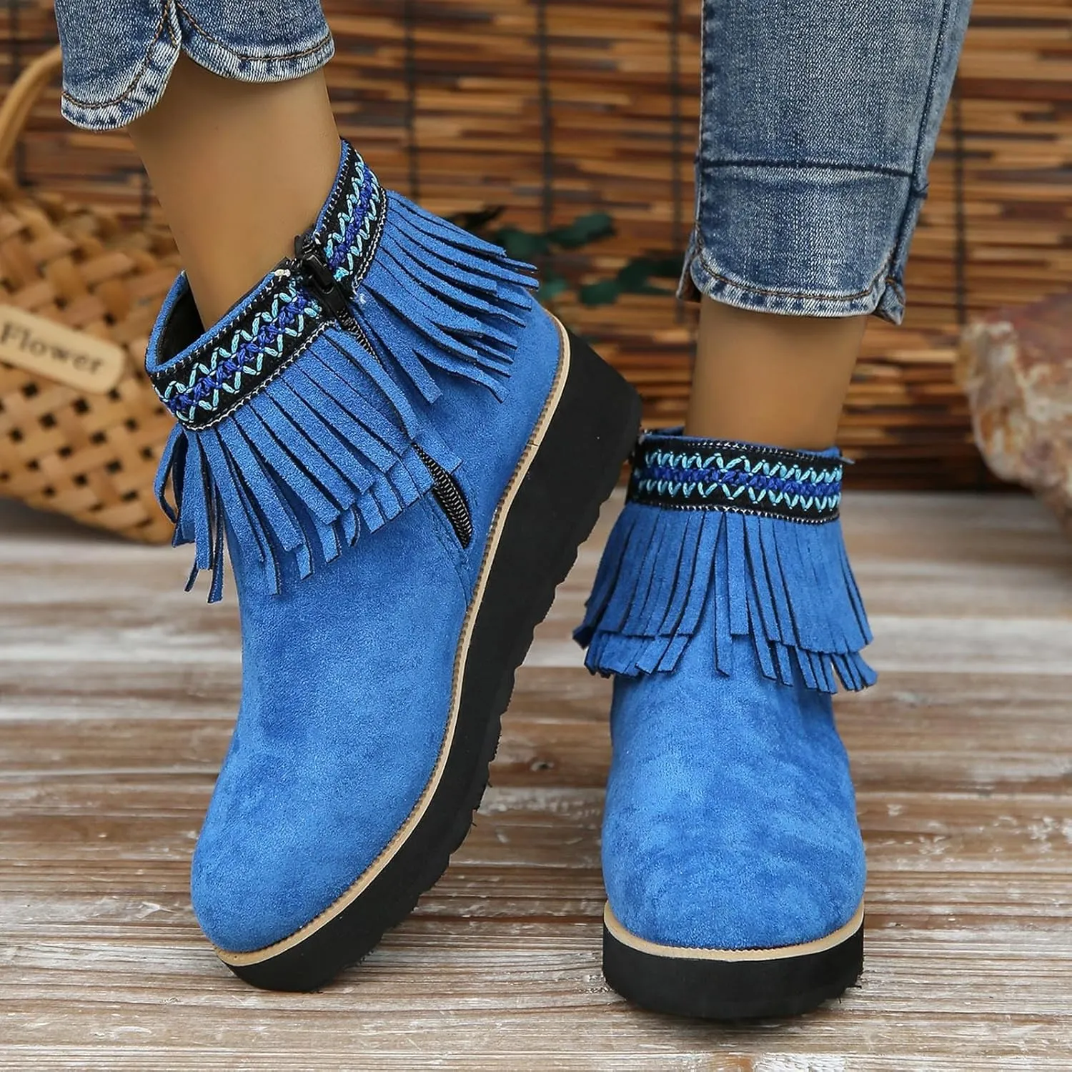 AMDBEL Womens Boots Ankle, Women's Ankle Boots Thick Wedge Heel Tassel Short Boots Casual Winter Walking Shoes